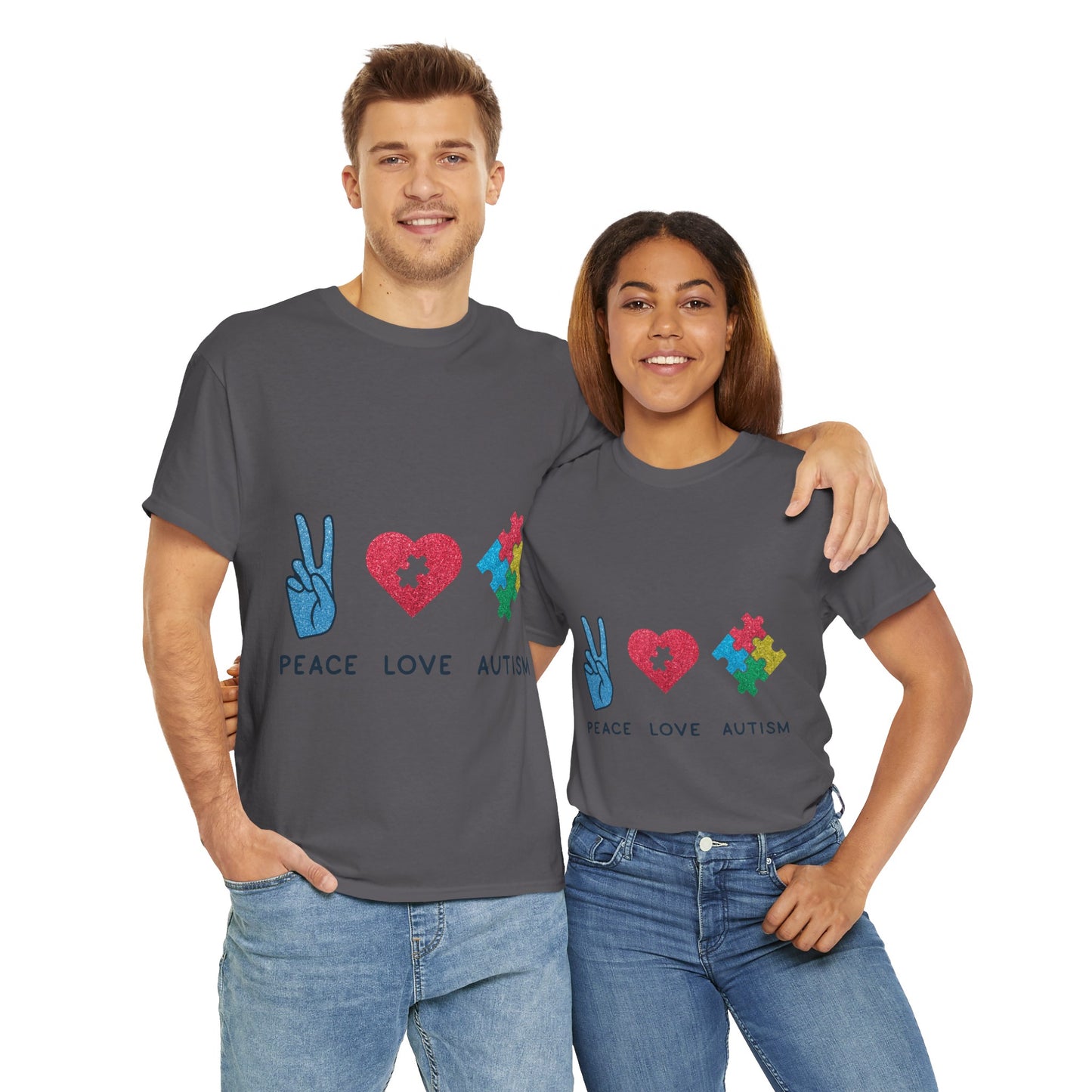 Autism Peace Love Autism T-shirt Unisex Heavy Cotton