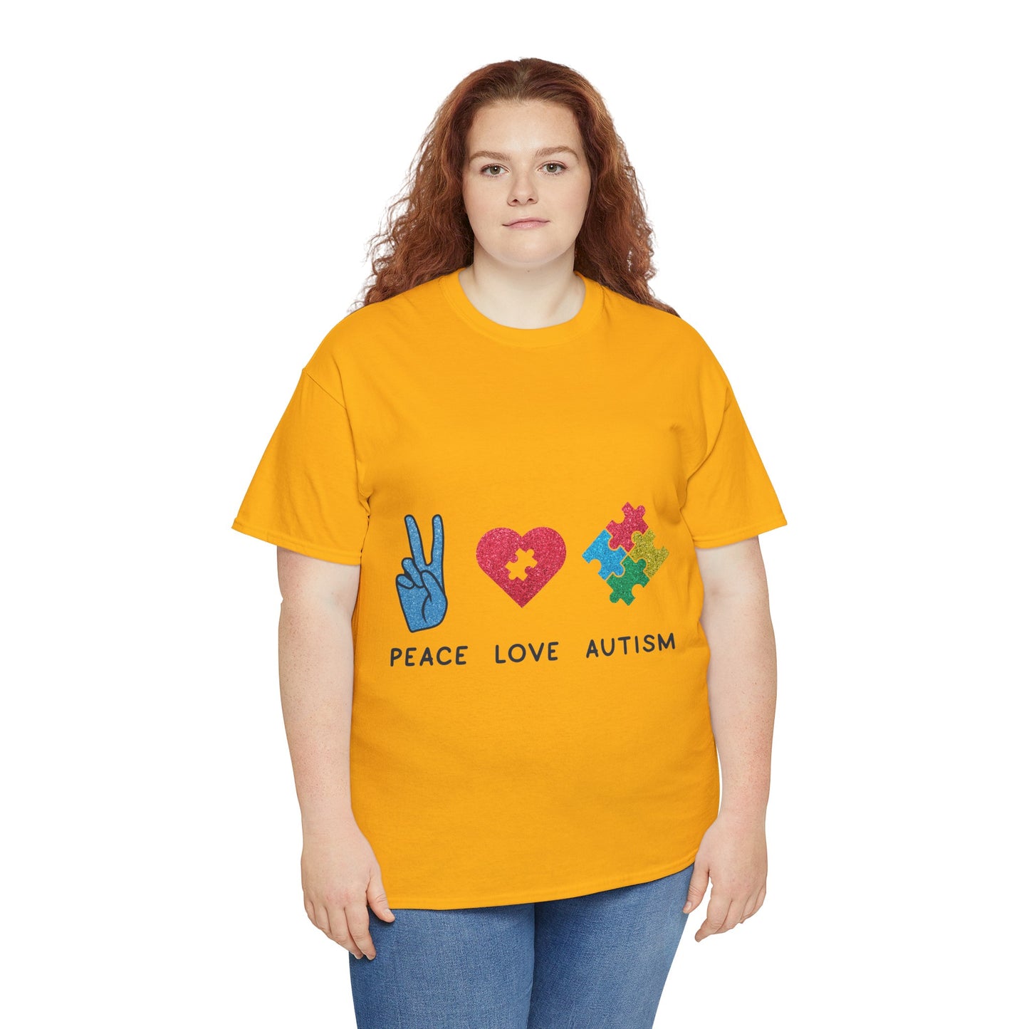 Autism Peace Love Autism T-shirt Unisex Heavy Cotton