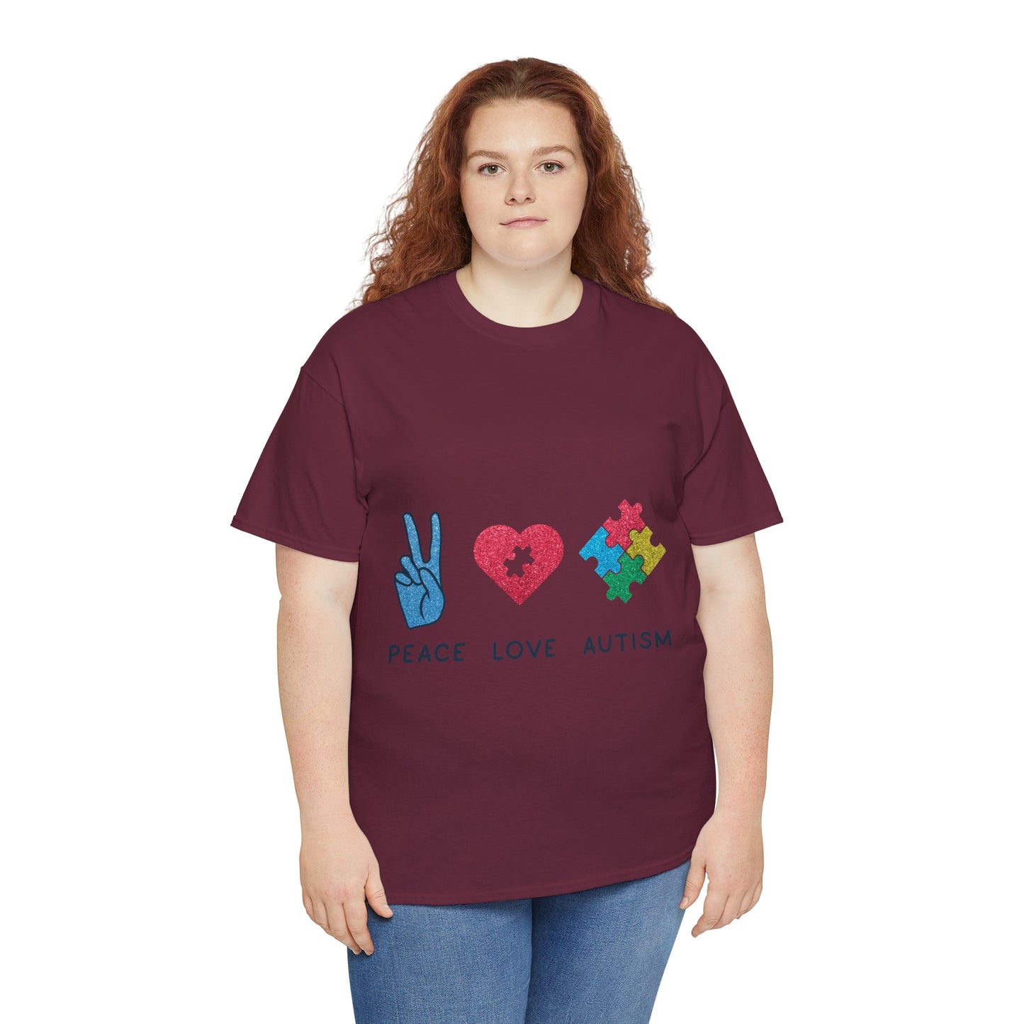 Autism Peace Love Autism T-shirt Unisex Heavy Cotton
