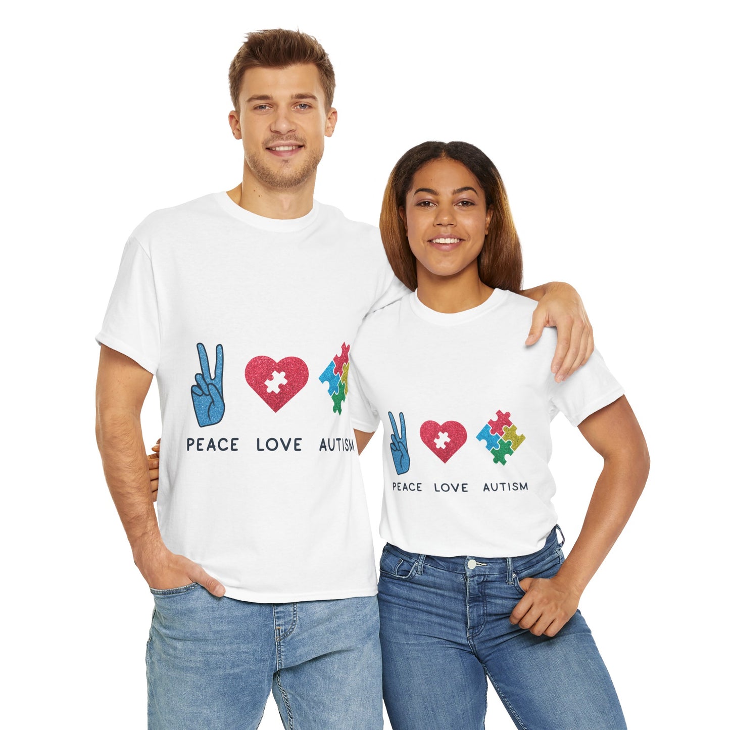 Autism Peace Love Autism T-shirt Unisex Heavy Cotton