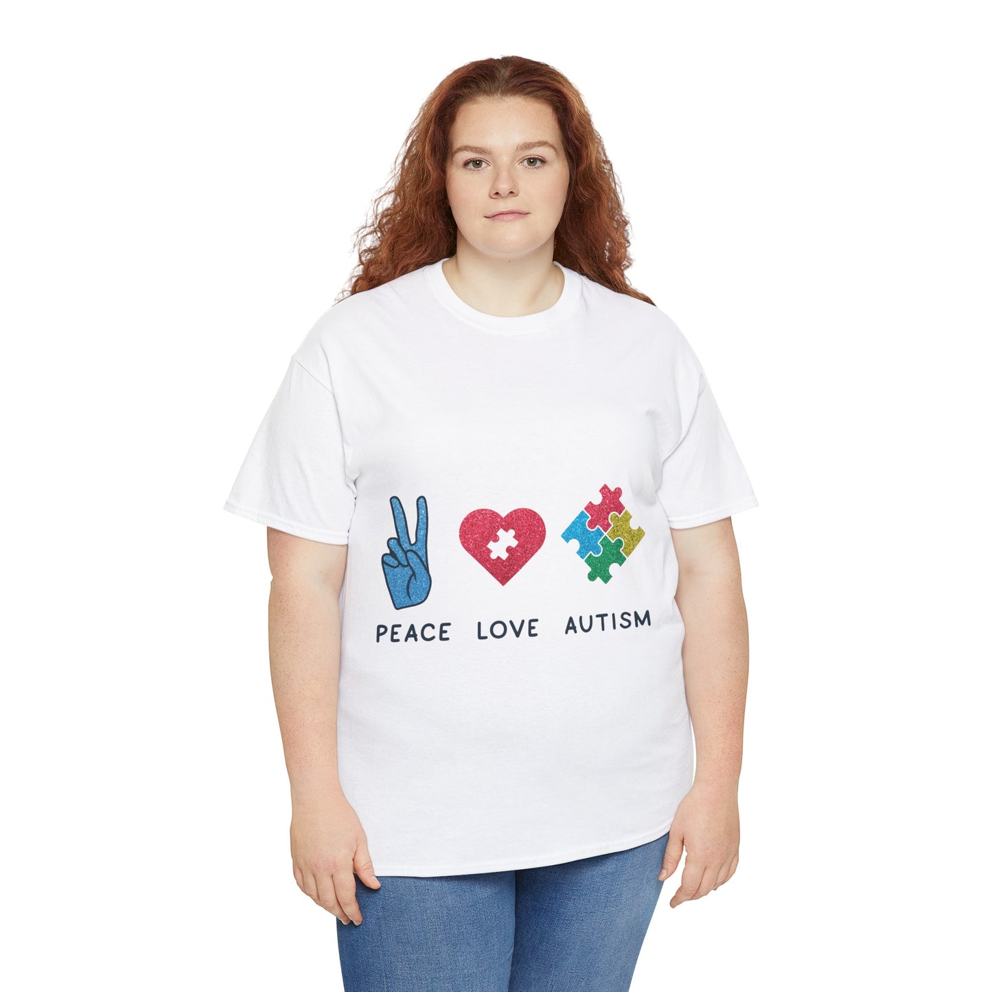 Autism Peace Love Autism T-shirt Unisex Heavy Cotton