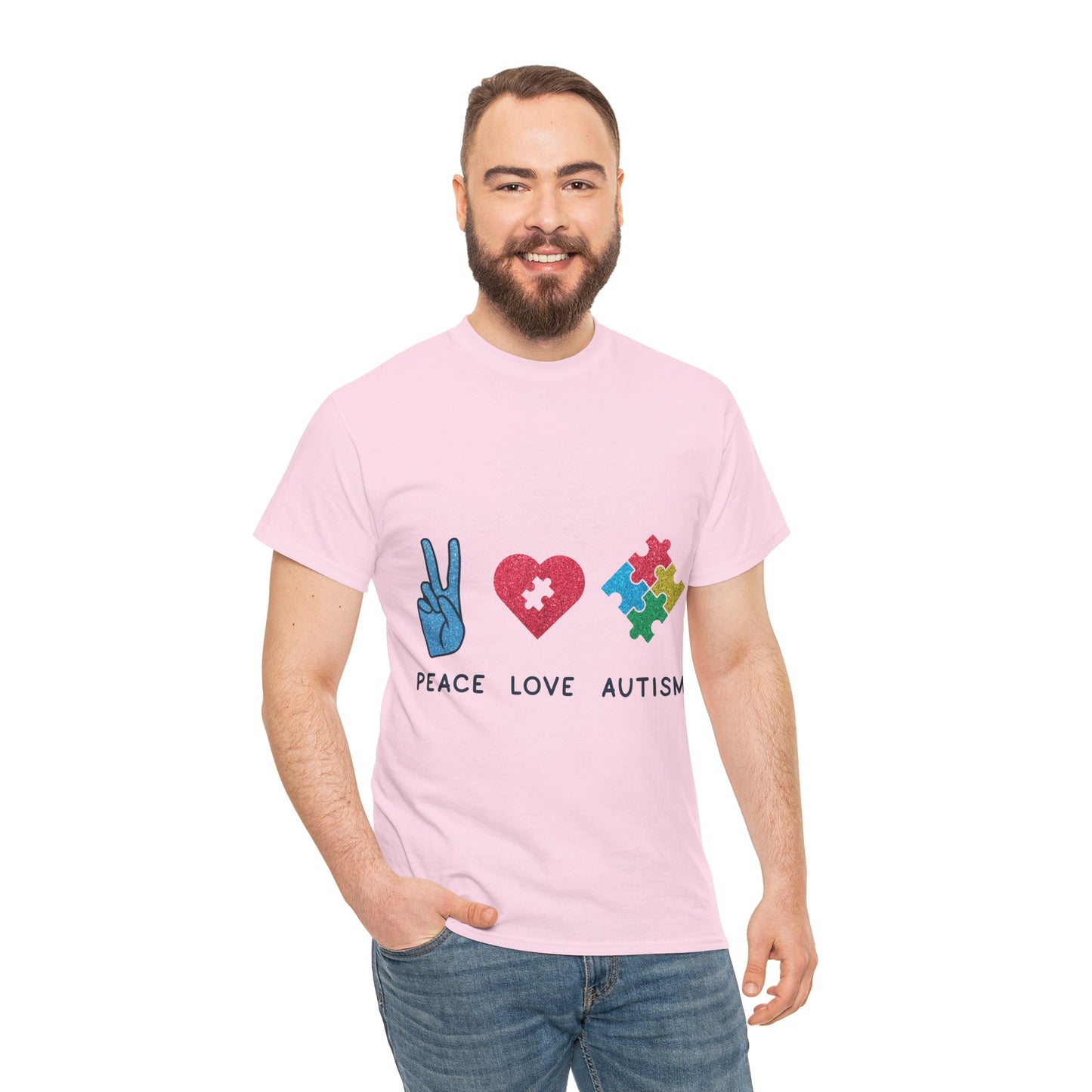 Autism Peace Love Autism T-shirt Unisex Heavy Cotton
