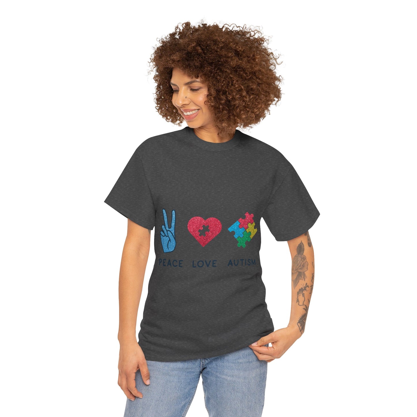 Autism Peace Love Autism T-shirt Unisex Heavy Cotton
