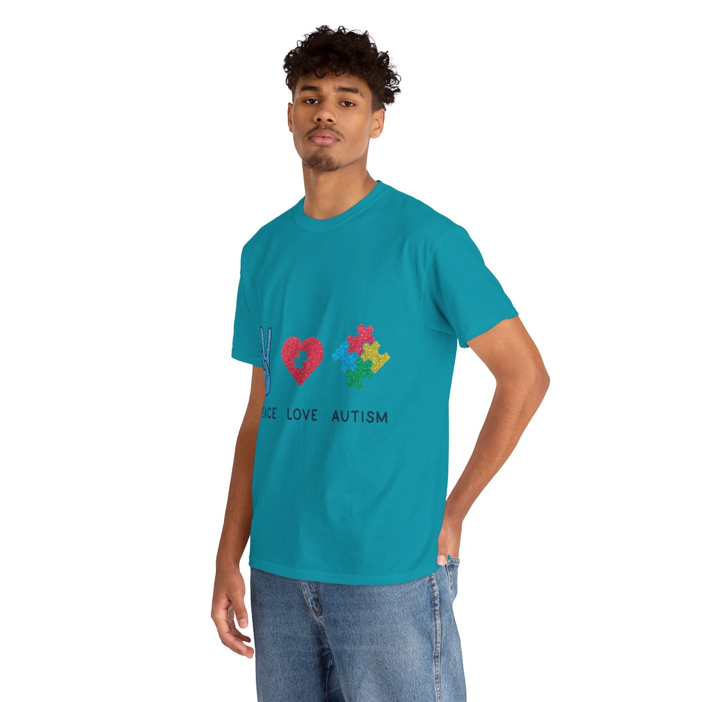 Autism Peace Love Autism T-shirt Unisex Heavy Cotton