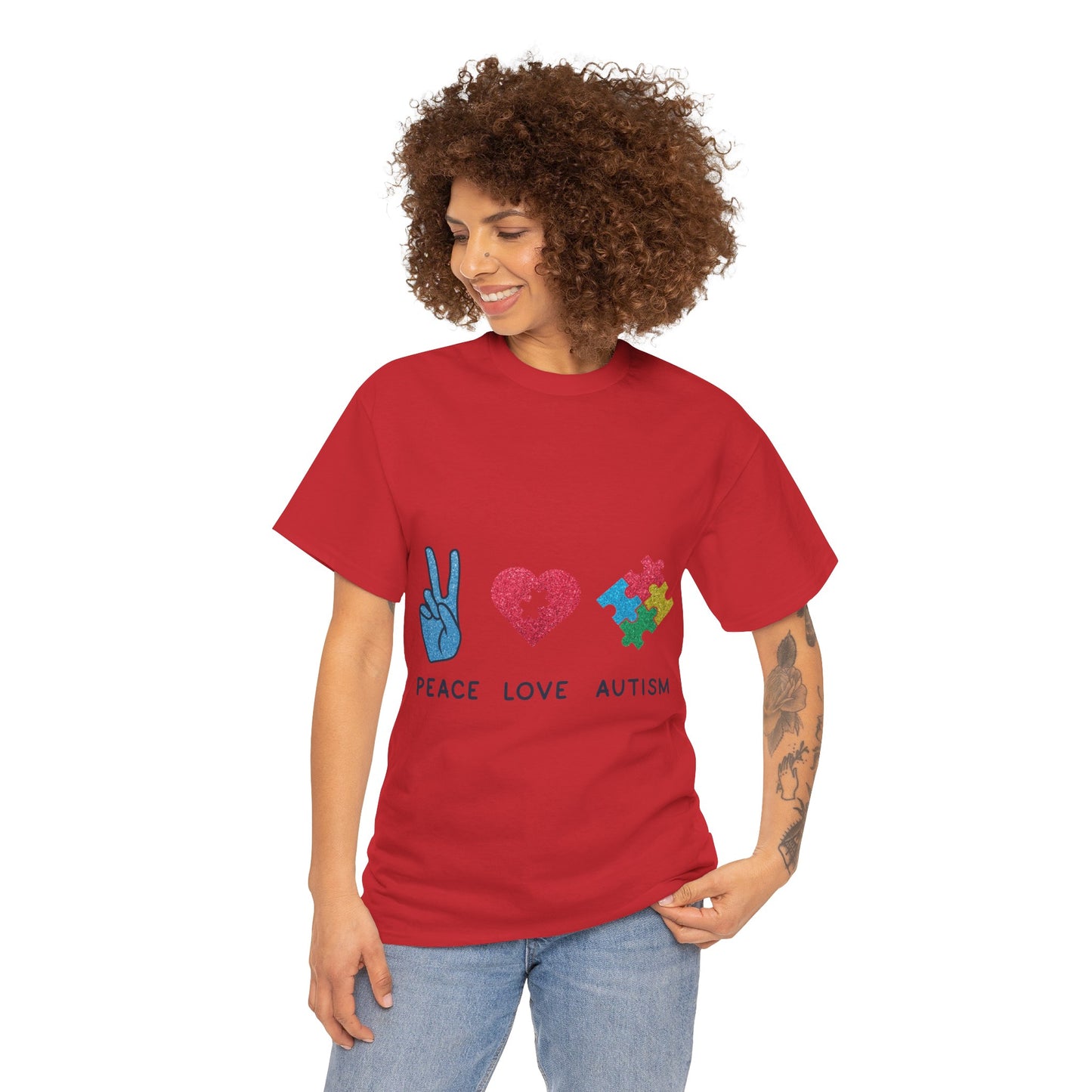 Autism Peace Love Autism T-shirt Unisex Heavy Cotton