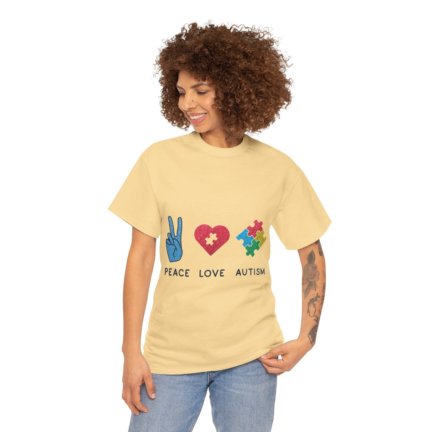 Autism Peace Love Autism T-shirt Unisex Heavy Cotton