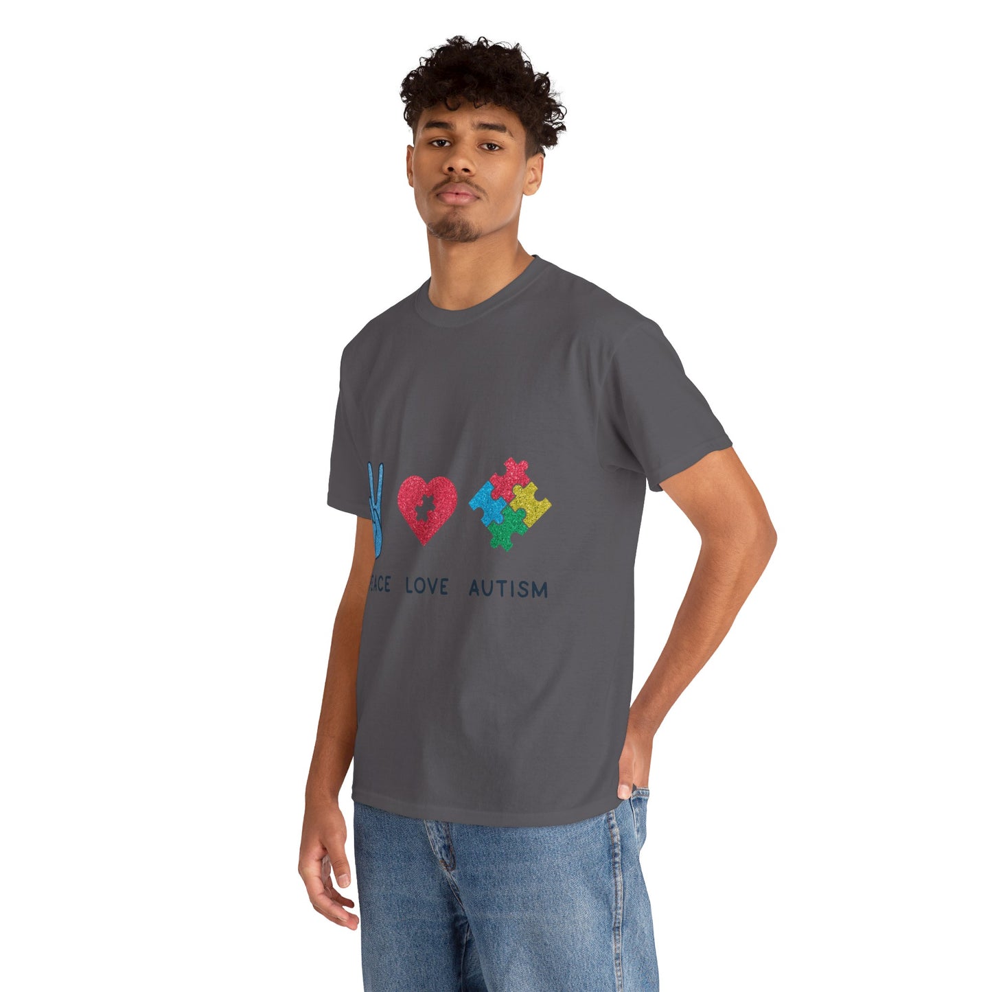 Autism Peace Love Autism T-shirt Unisex Heavy Cotton