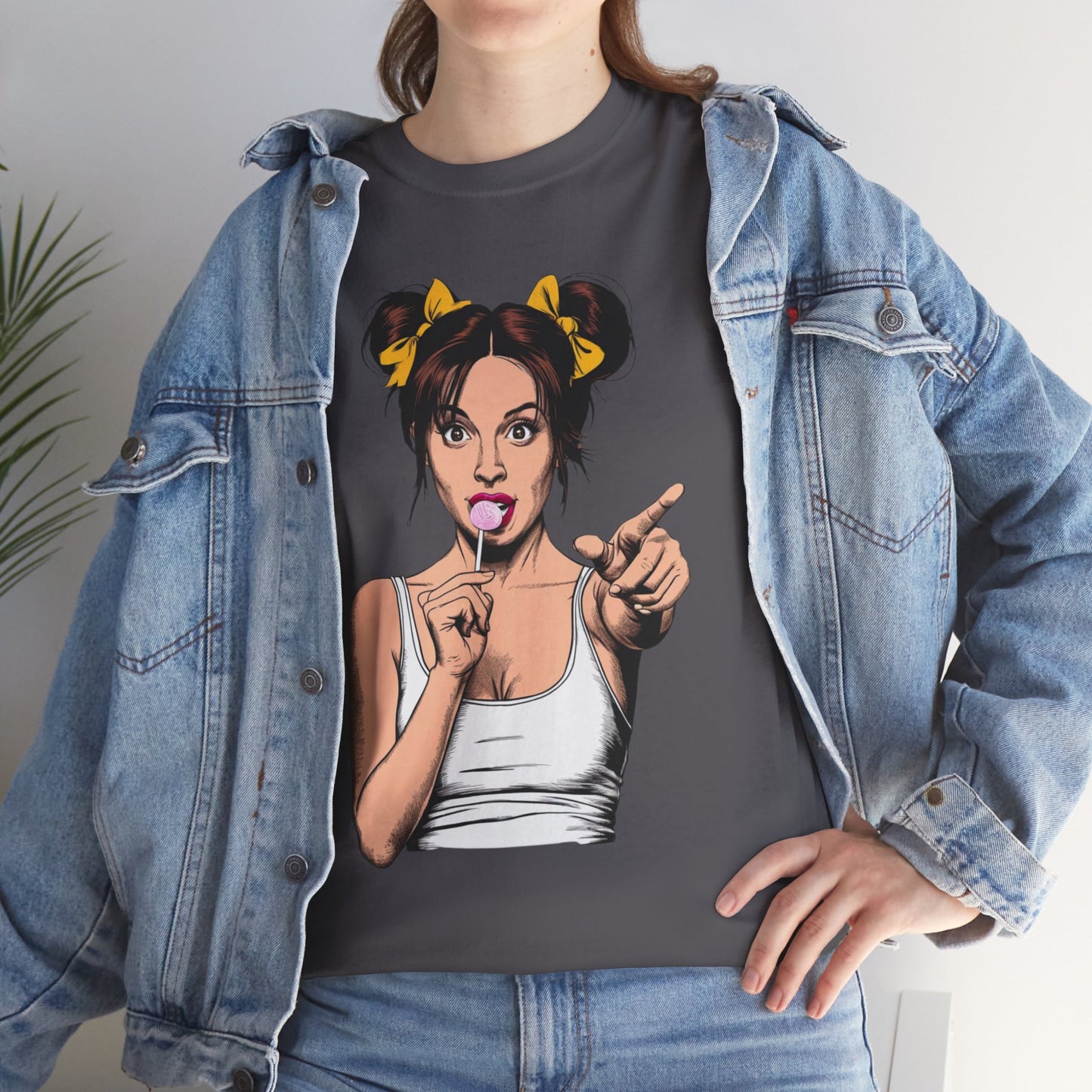 Sexy PopArt Girl with pigtails and Sucker Unisex heavy cotton Tshirt