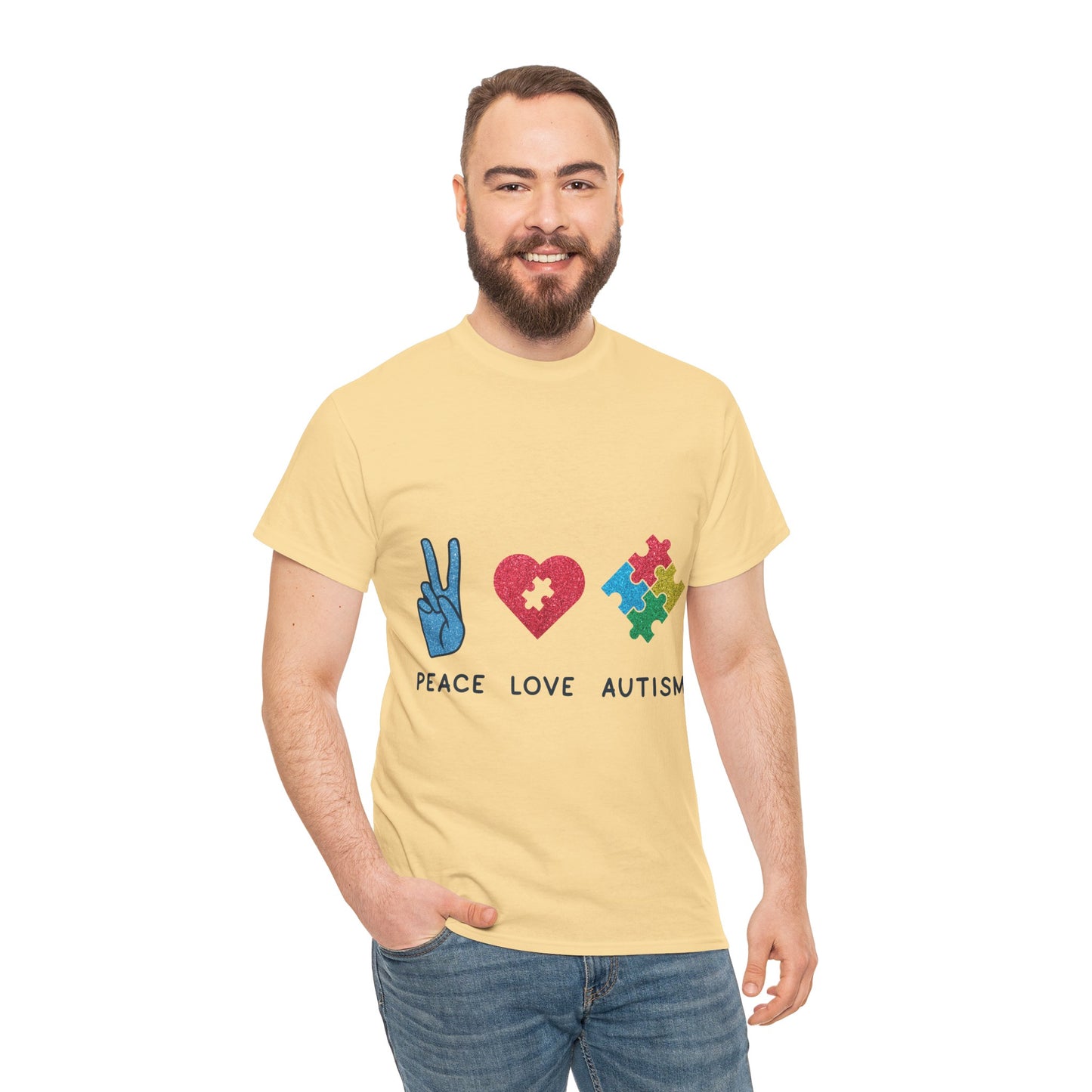 Autism Peace Love Autism T-shirt Unisex Heavy Cotton