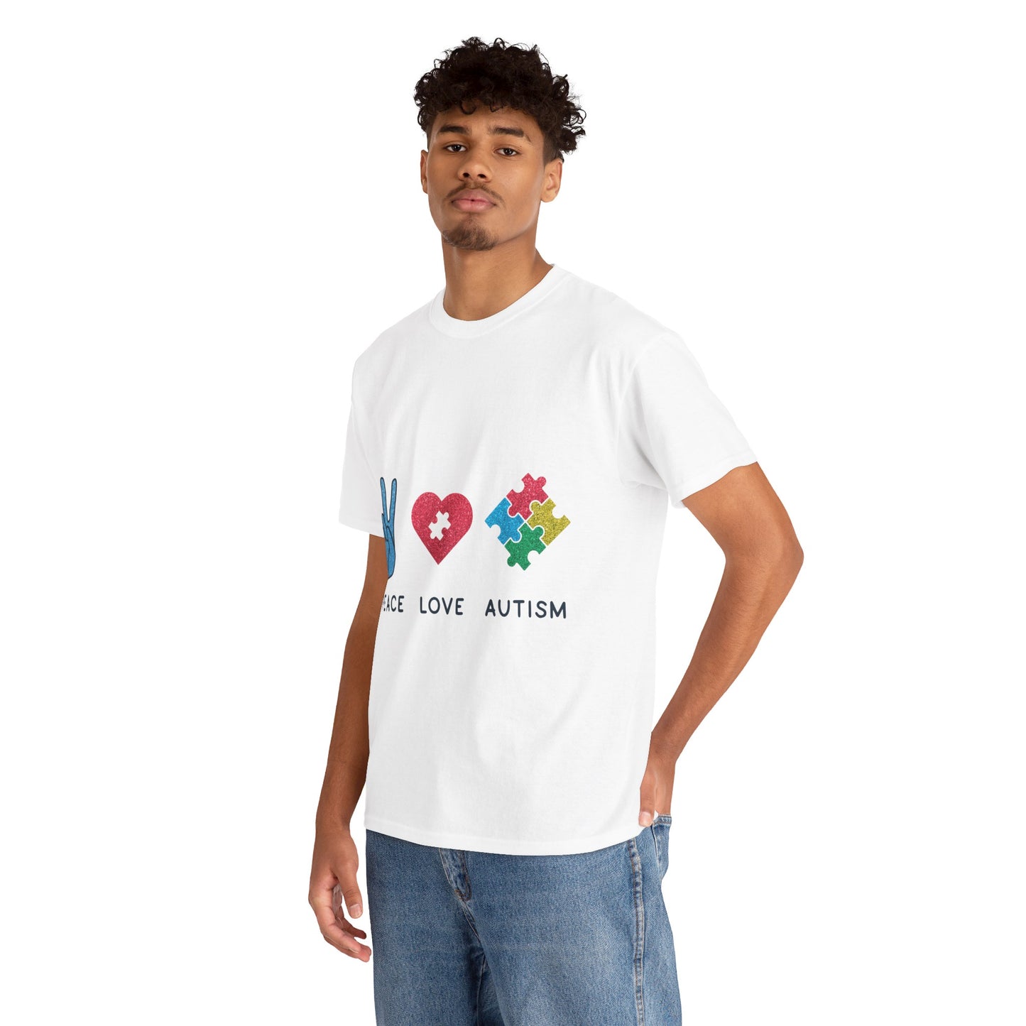 Autism Peace Love Autism T-shirt Unisex Heavy Cotton