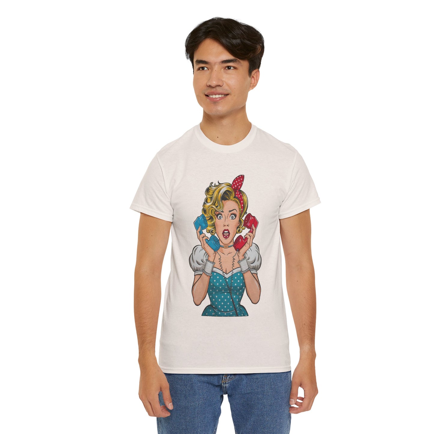 PopArt Girl on the Phone Tshirt unisex heavy cotton