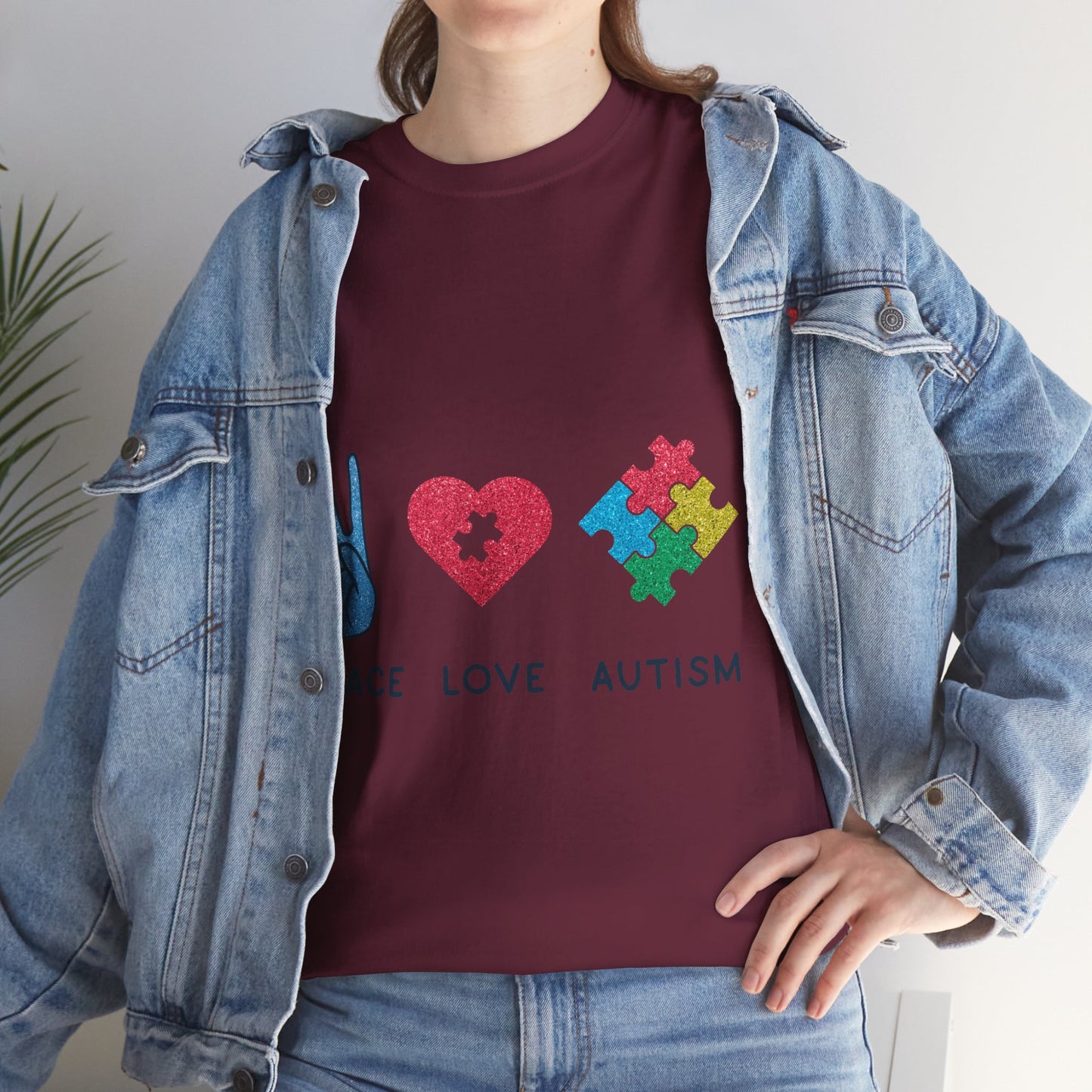 Autism Peace Love Autism T-shirt Unisex Heavy Cotton