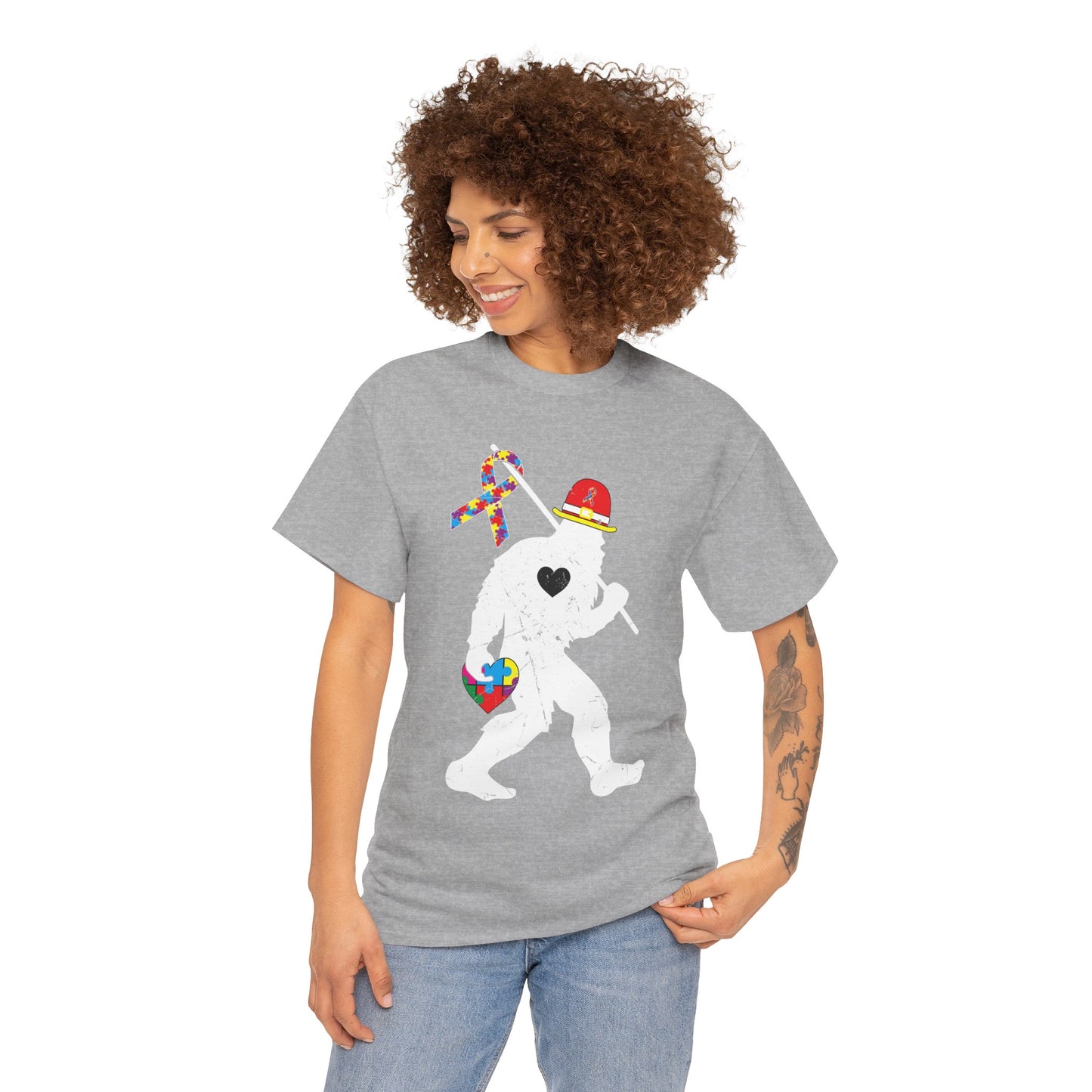 Bigfoot Heart Puzzle Piece Autism T shirt unisex heavy cotton T-shirt