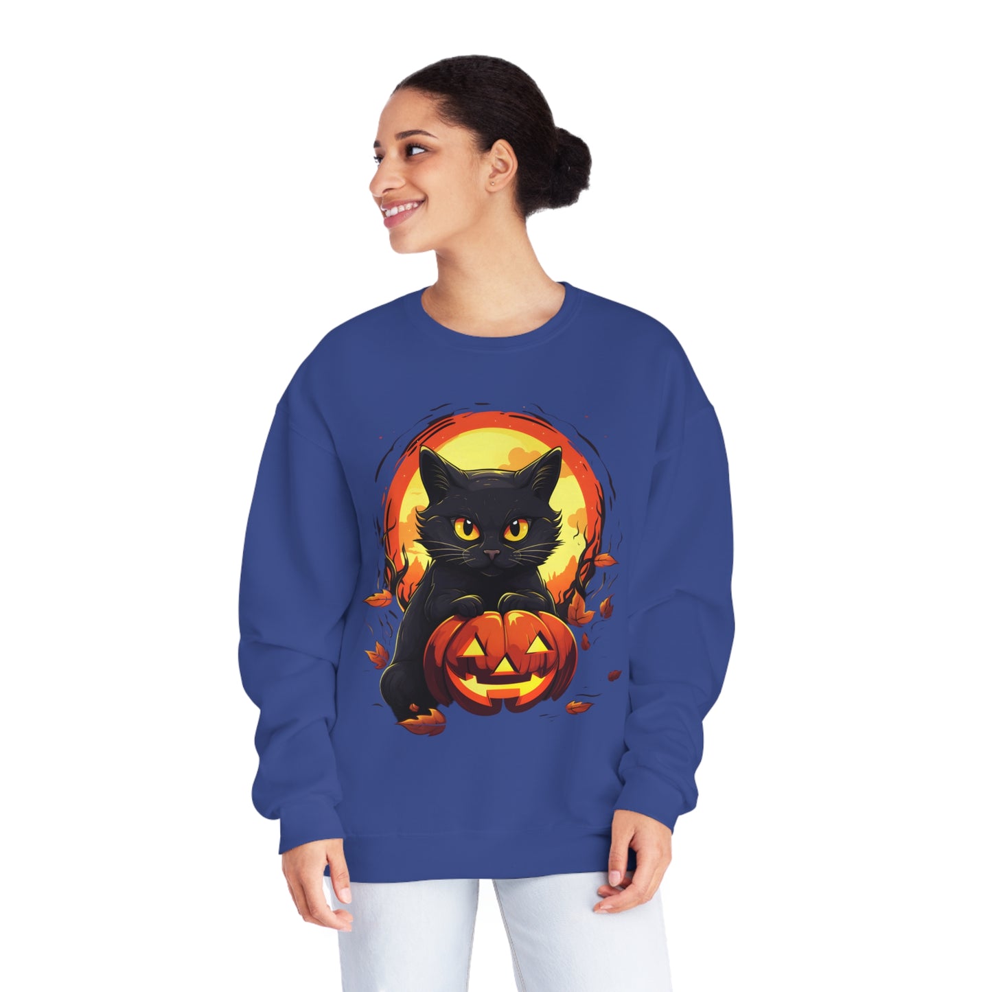 Halloween Cat Sweatshirt Unisex Funny Cat Jack-O-Lantern Graphic Shirt Gifts Spooky Long Sleeve Crewneck Shirt Tops