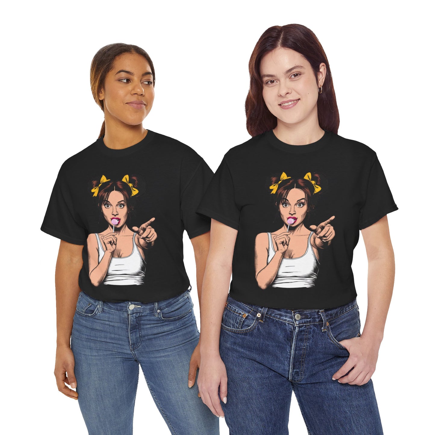 Sexy PopArt Girl with pigtails and Sucker Unisex heavy cotton Tshirt