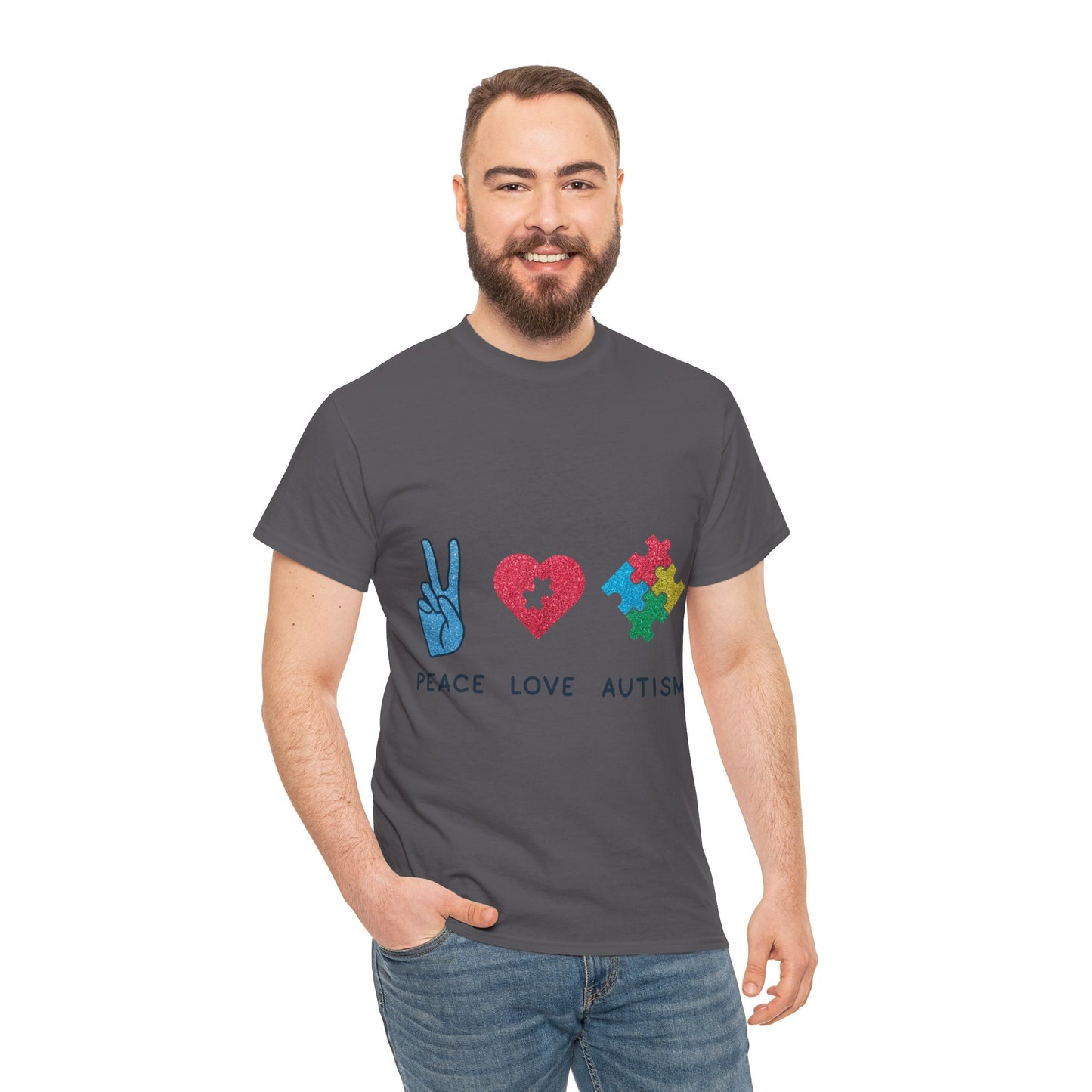Autism Peace Love Autism T-shirt Unisex Heavy Cotton