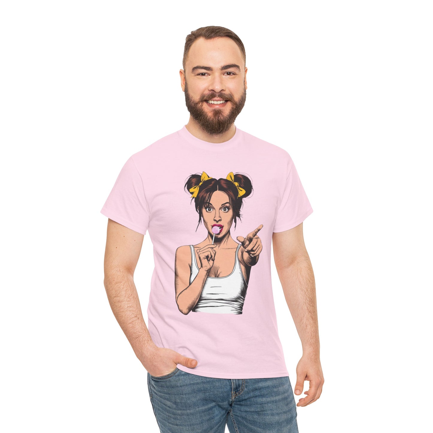 Sexy PopArt Girl with pigtails and Sucker Unisex heavy cotton Tshirt