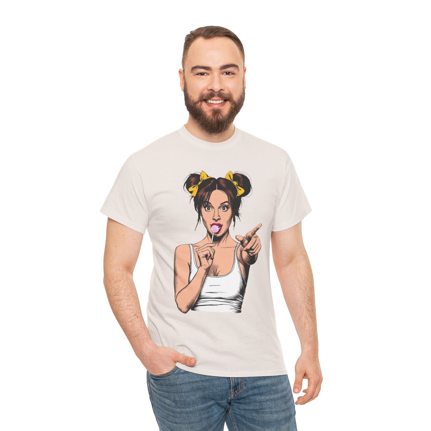 Sexy PopArt Girl with pigtails and Sucker Unisex heavy cotton Tshirt