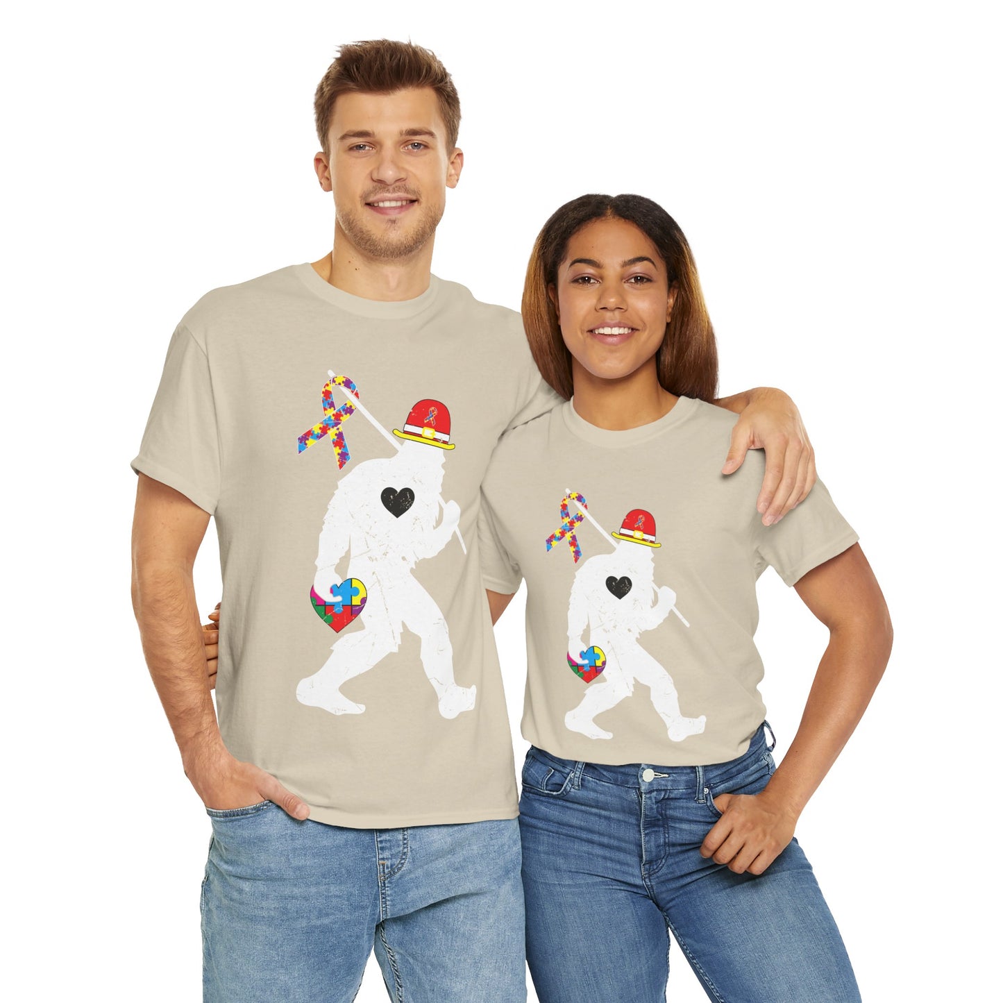 Bigfoot Heart Puzzle Piece Autism T shirt unisex heavy cotton T-shirt