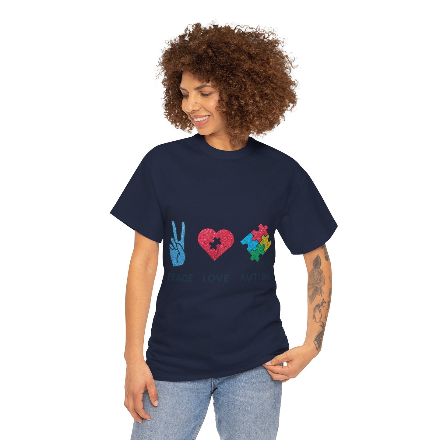 Autism Peace Love Autism T-shirt Unisex Heavy Cotton