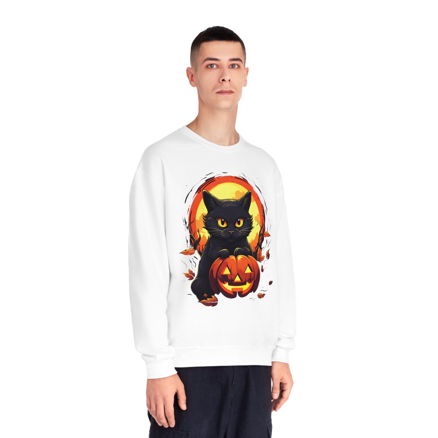 Halloween Cat Sweatshirt Unisex Funny Cat Jack-O-Lantern Graphic Shirt Gifts Spooky Long Sleeve Crewneck Shirt Tops