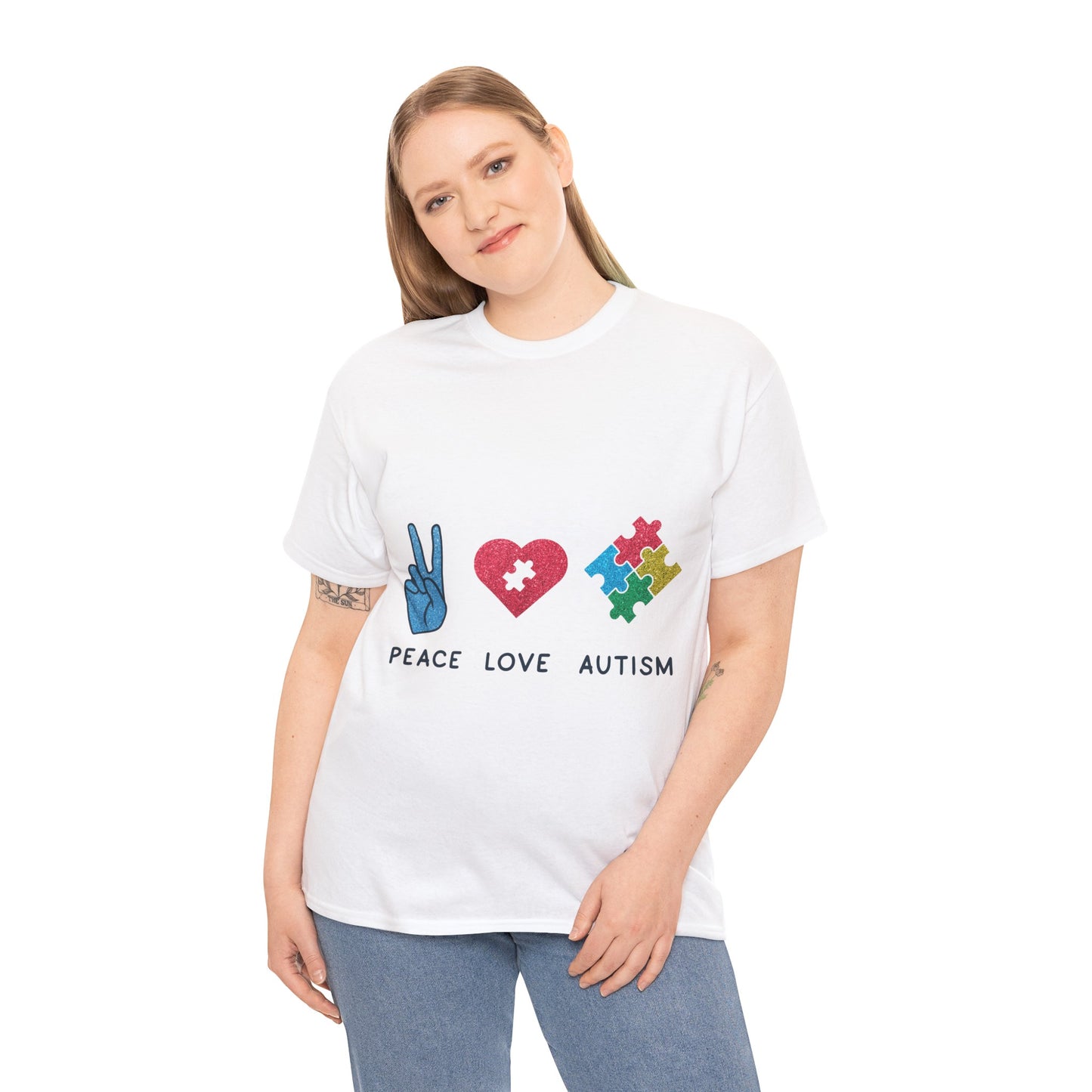 Autism Peace Love Autism T-shirt Unisex Heavy Cotton