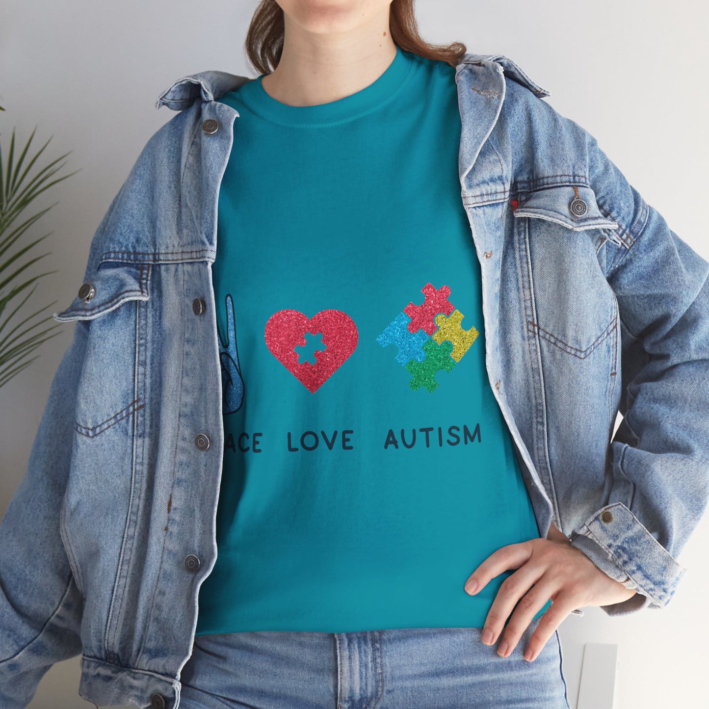 Autism Peace Love Autism T-shirt Unisex Heavy Cotton
