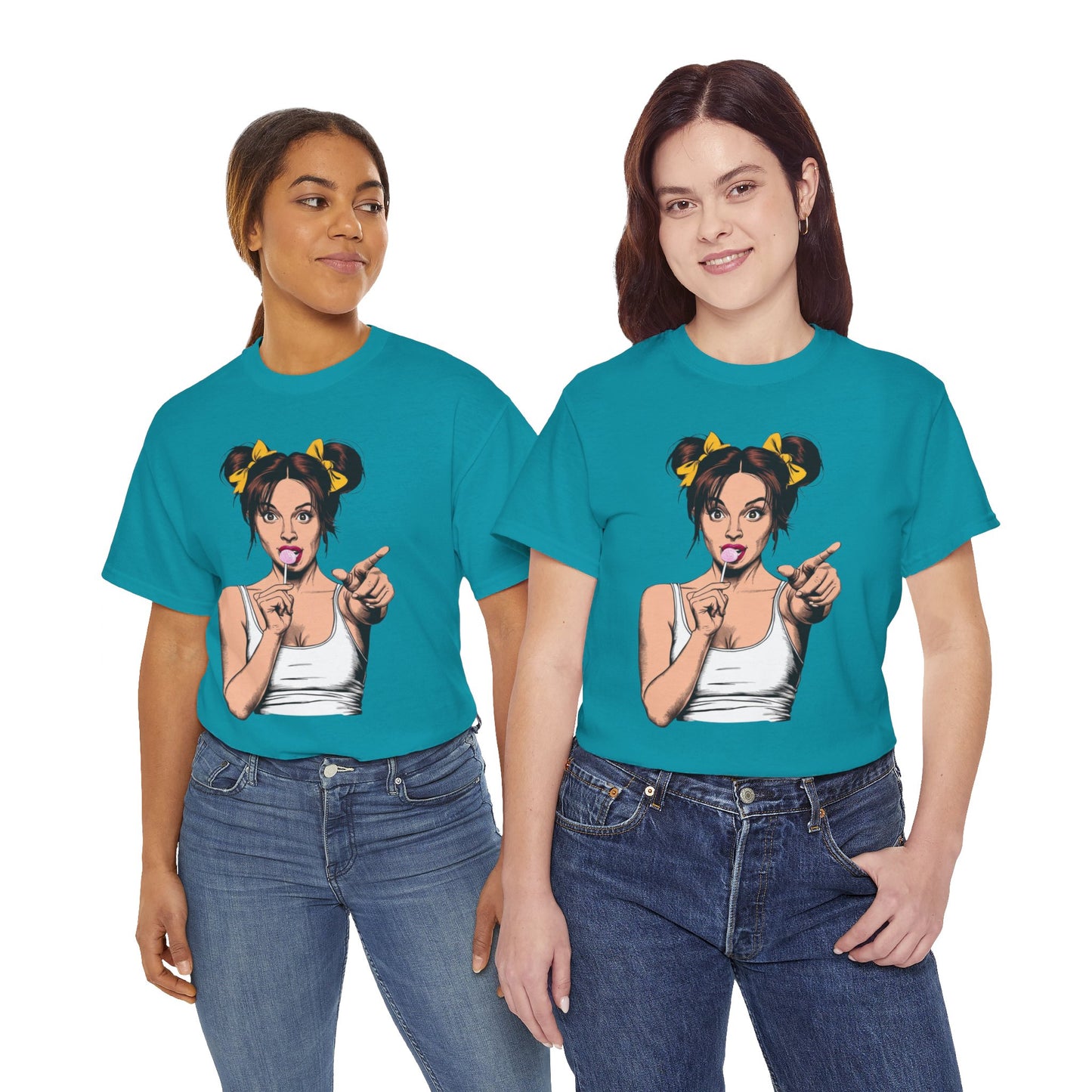 Sexy PopArt Girl with pigtails and Sucker Unisex heavy cotton Tshirt