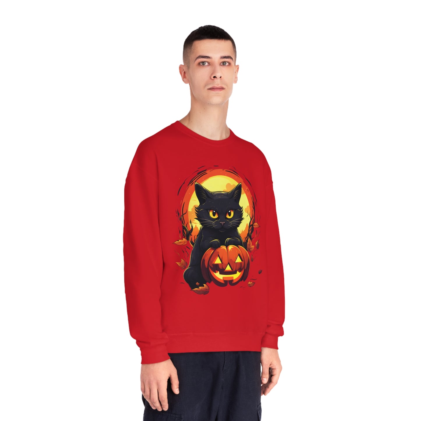 Halloween Cat Sweatshirt Unisex Funny Cat Jack-O-Lantern Graphic Shirt Gifts Spooky Long Sleeve Crewneck Shirt Tops