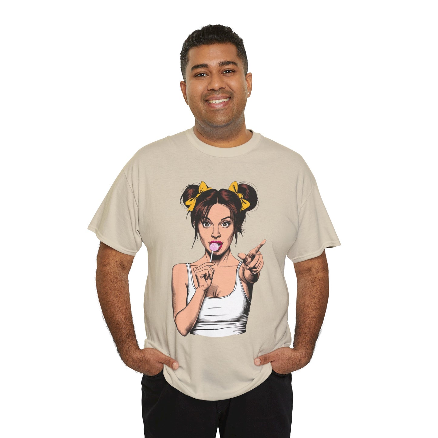 Sexy PopArt Girl with pigtails and Sucker Unisex heavy cotton Tshirt