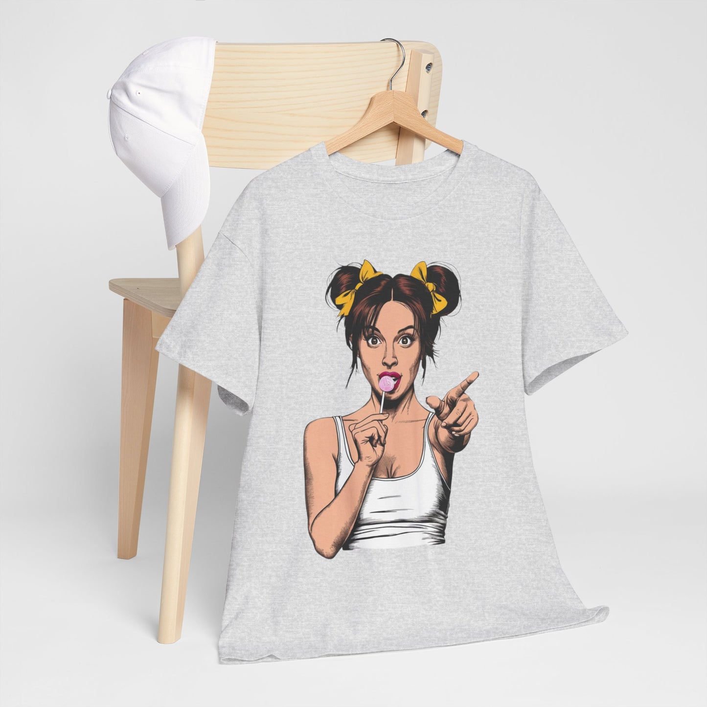 Sexy PopArt Girl with pigtails and Sucker Unisex heavy cotton Tshirt