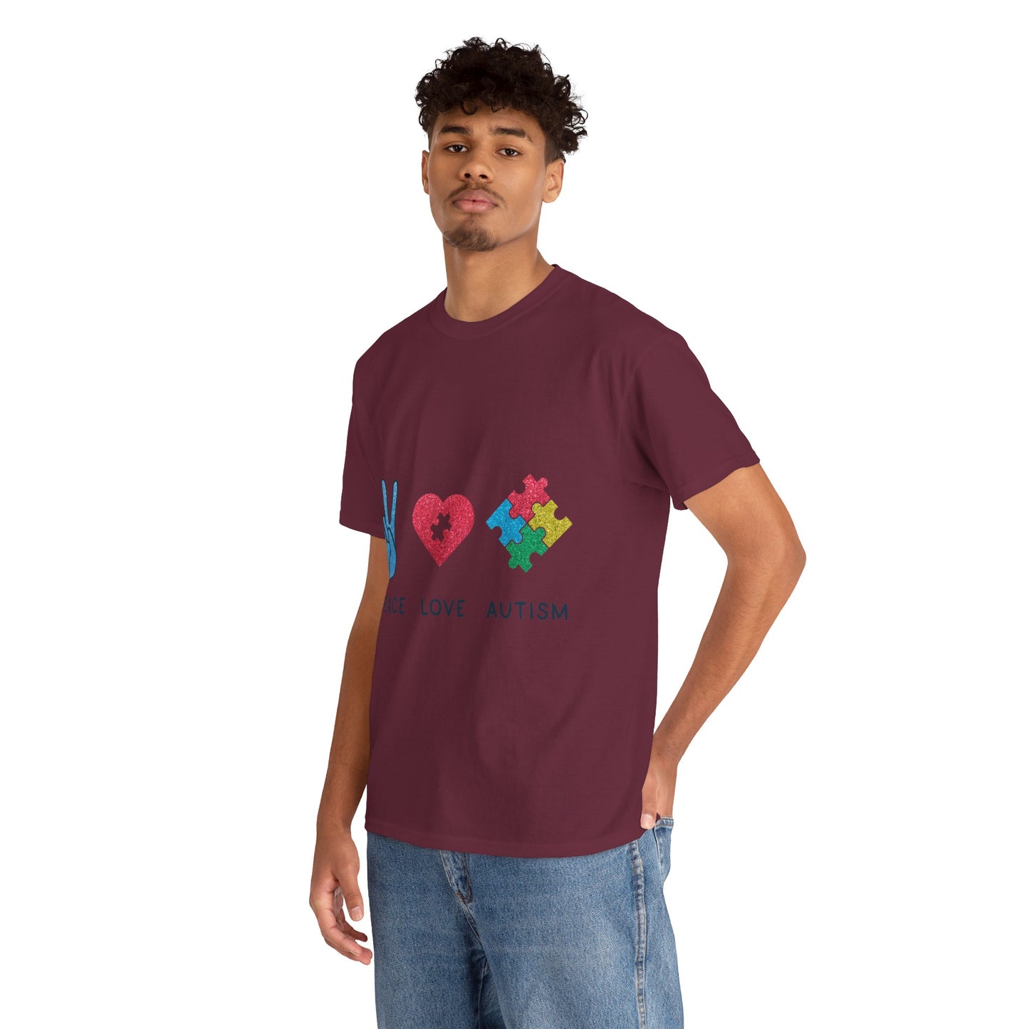 Autism Peace Love Autism T-shirt Unisex Heavy Cotton