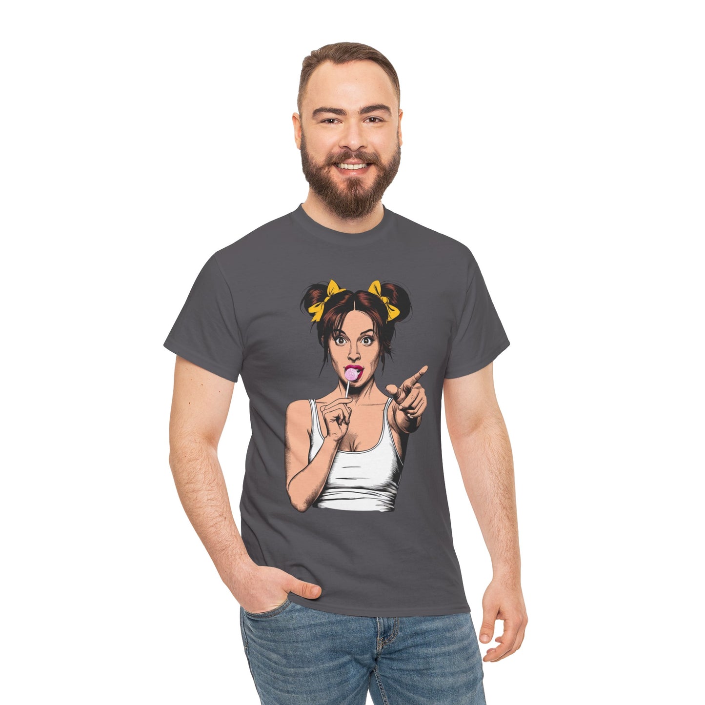 Sexy PopArt Girl with pigtails and Sucker Unisex heavy cotton Tshirt
