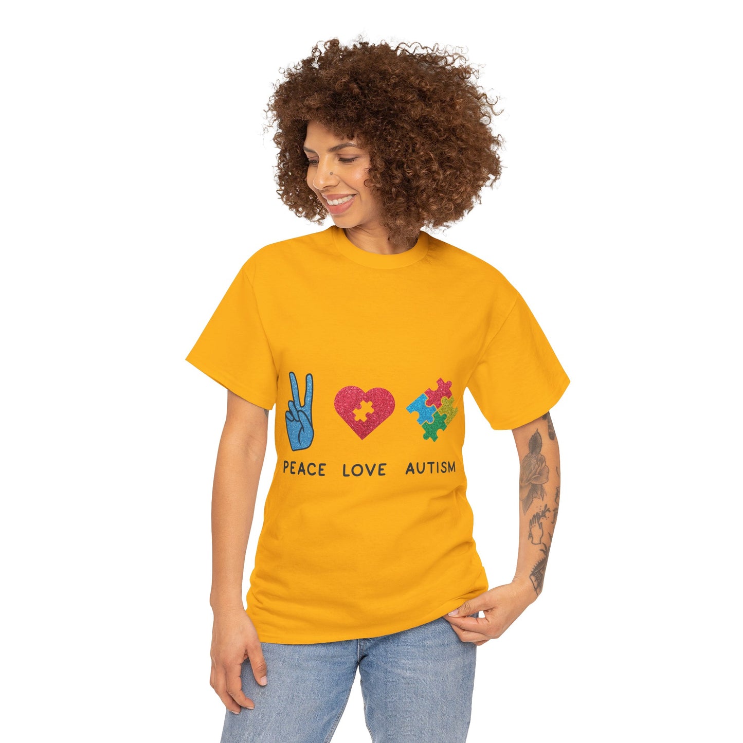 Autism Peace Love Autism T-shirt Unisex Heavy Cotton