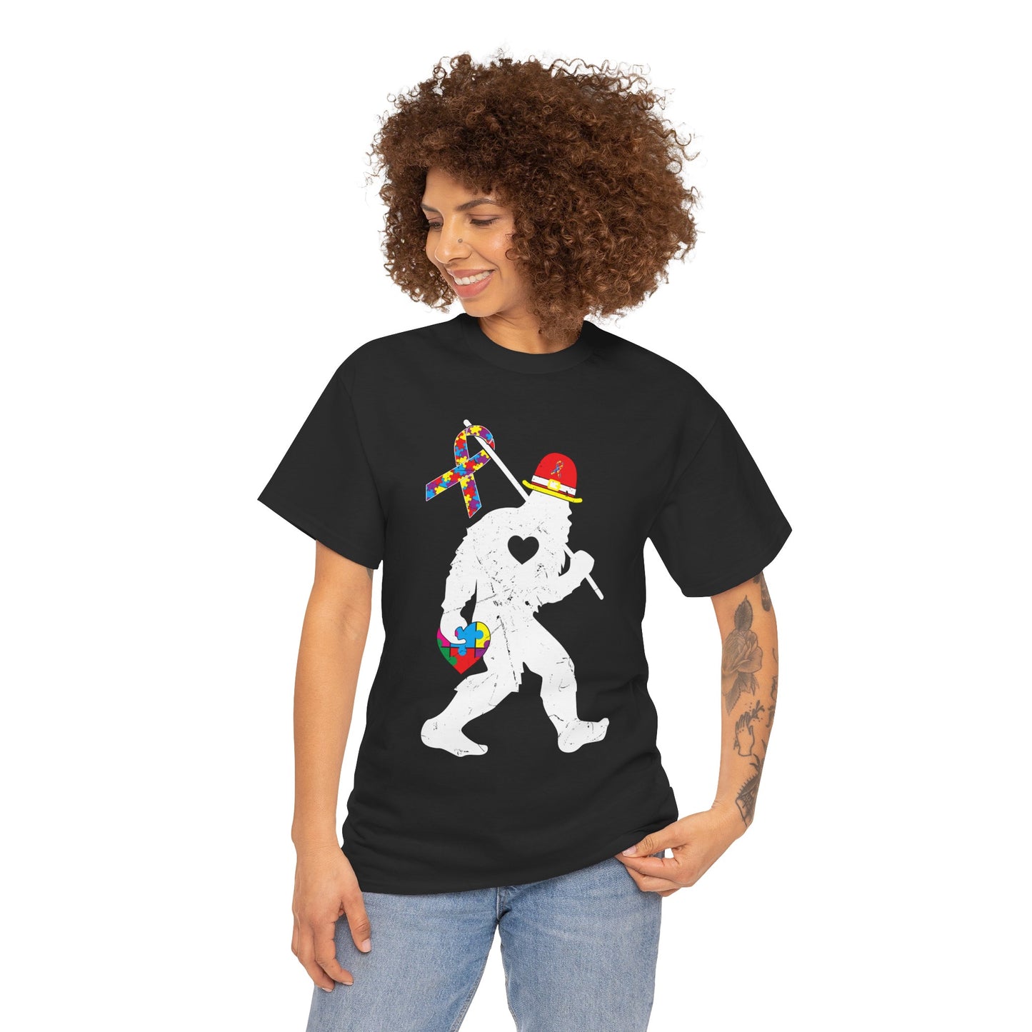 Bigfoot Heart Puzzle Piece Autism T shirt unisex heavy cotton T-shirt