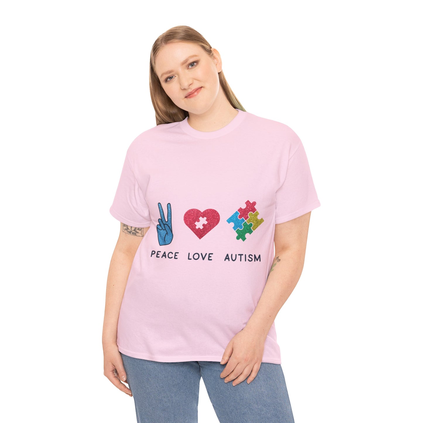 Autism Peace Love Autism T-shirt Unisex Heavy Cotton