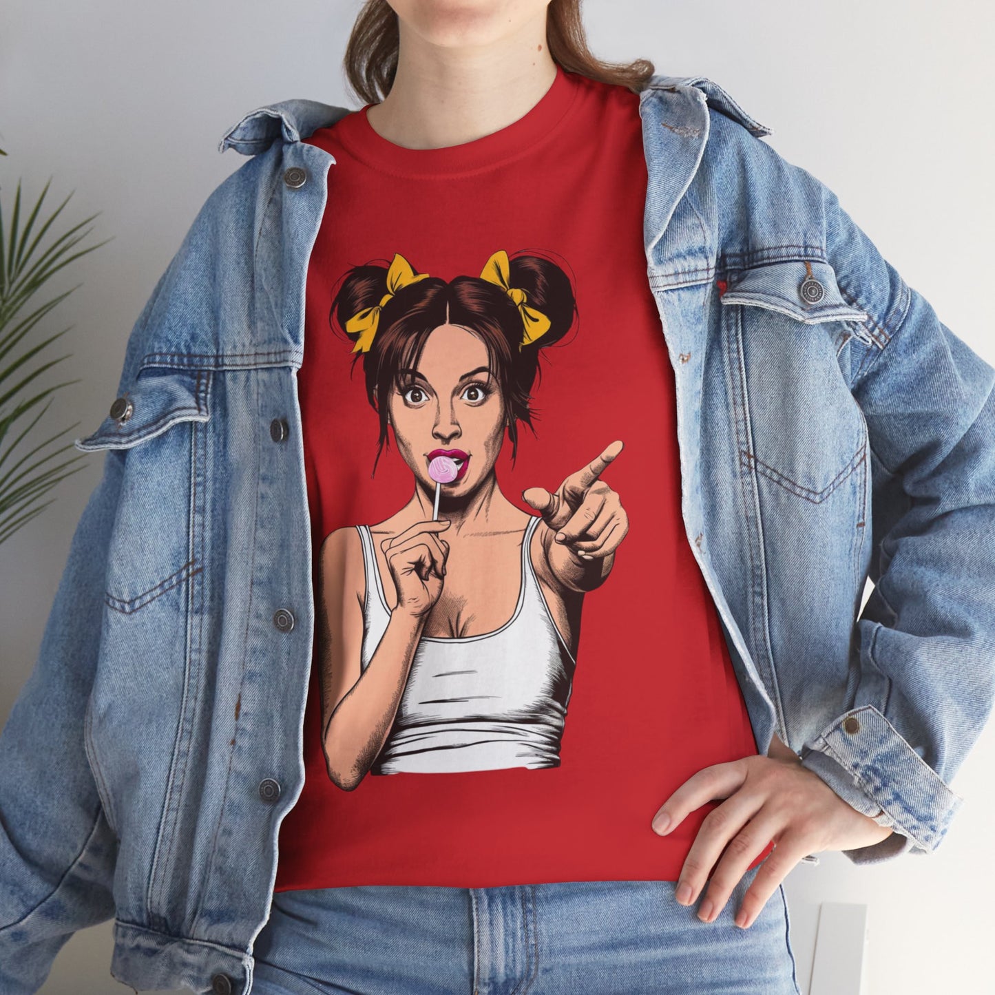 Sexy PopArt Girl with pigtails and Sucker Unisex heavy cotton Tshirt
