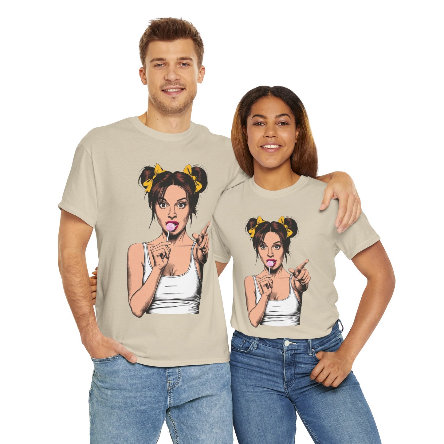 Sexy PopArt Girl with pigtails and Sucker Unisex heavy cotton Tshirt