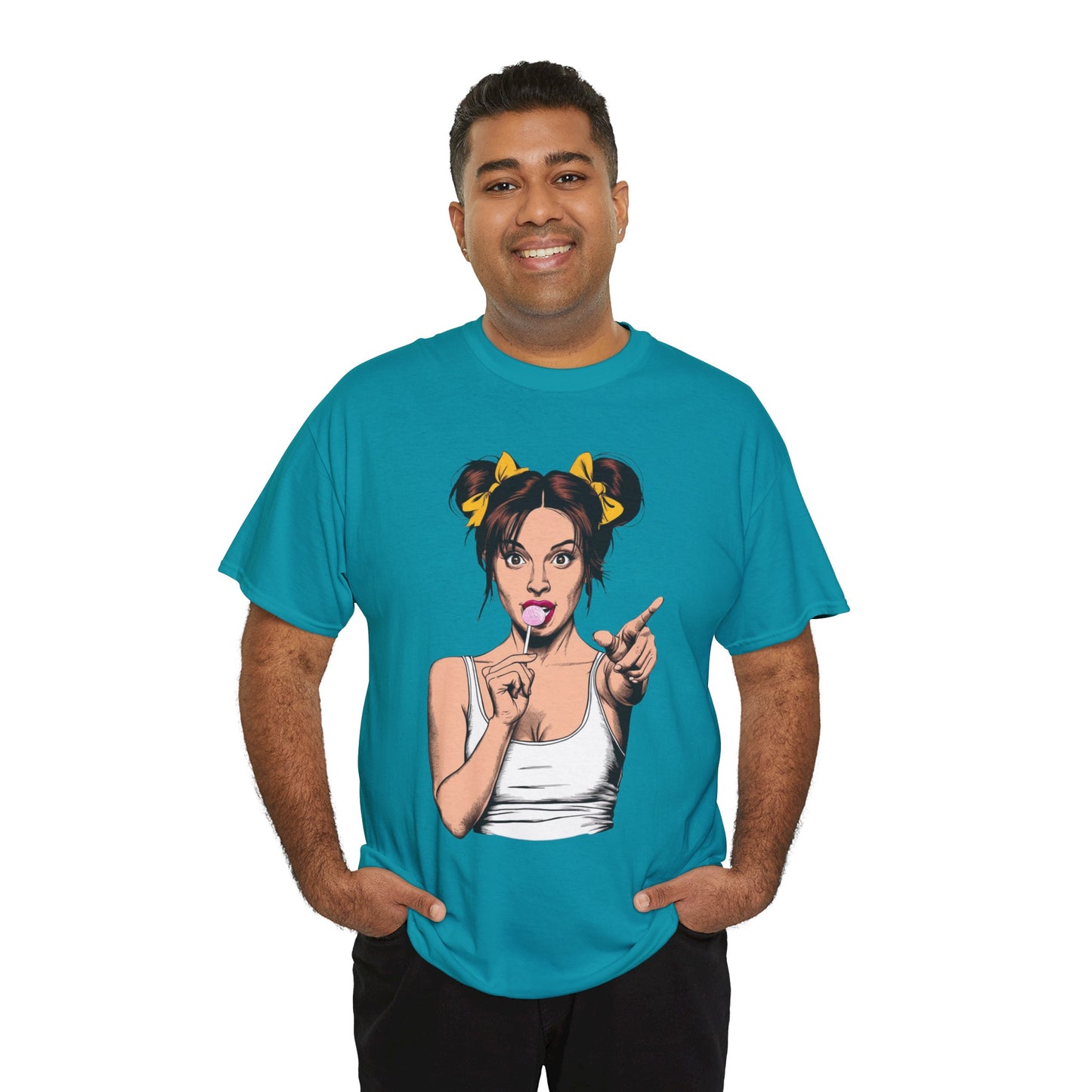 Sexy PopArt Girl with pigtails and Sucker Unisex heavy cotton Tshirt