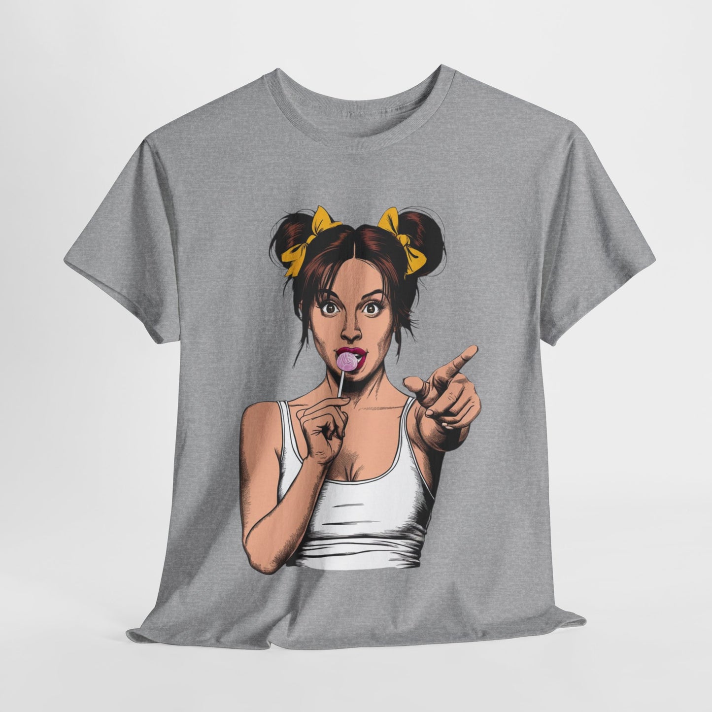 Sexy PopArt Girl with pigtails and Sucker Unisex heavy cotton Tshirt