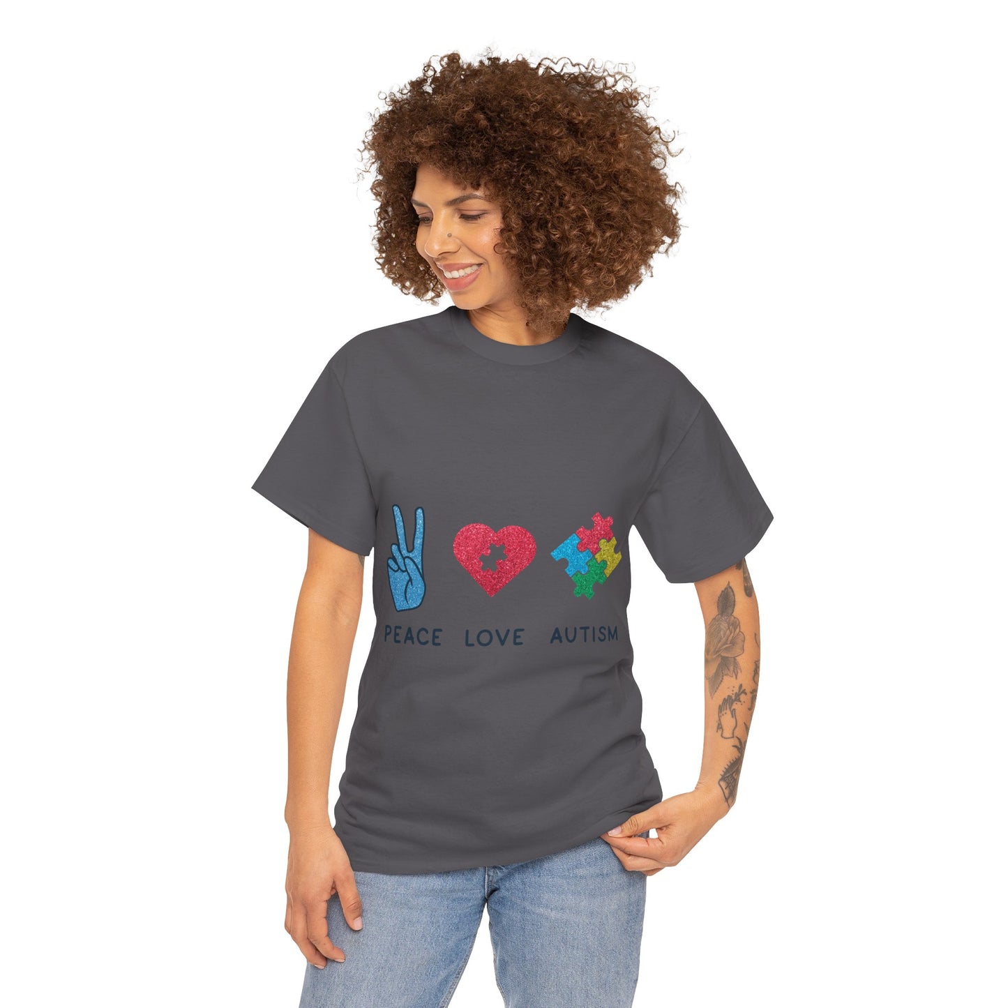 Autism Peace Love Autism T-shirt Unisex Heavy Cotton