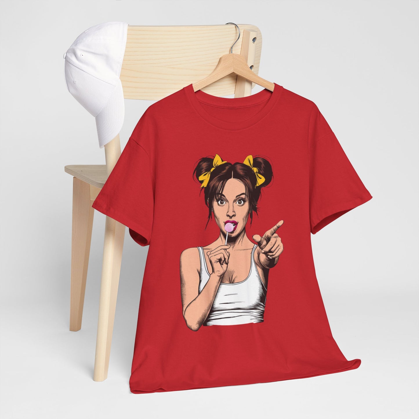 Sexy PopArt Girl with pigtails and Sucker Unisex heavy cotton Tshirt