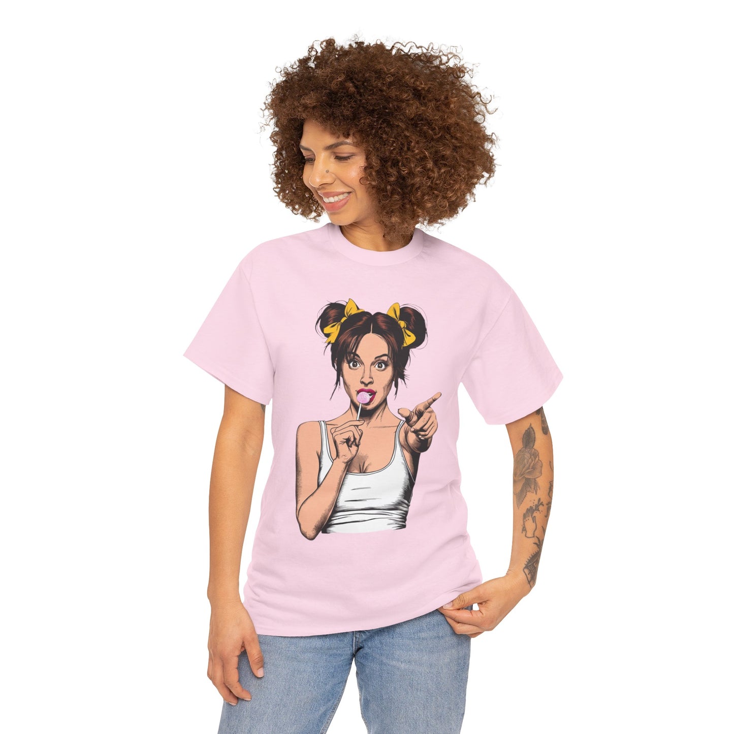 Sexy PopArt Girl with pigtails and Sucker Unisex heavy cotton Tshirt