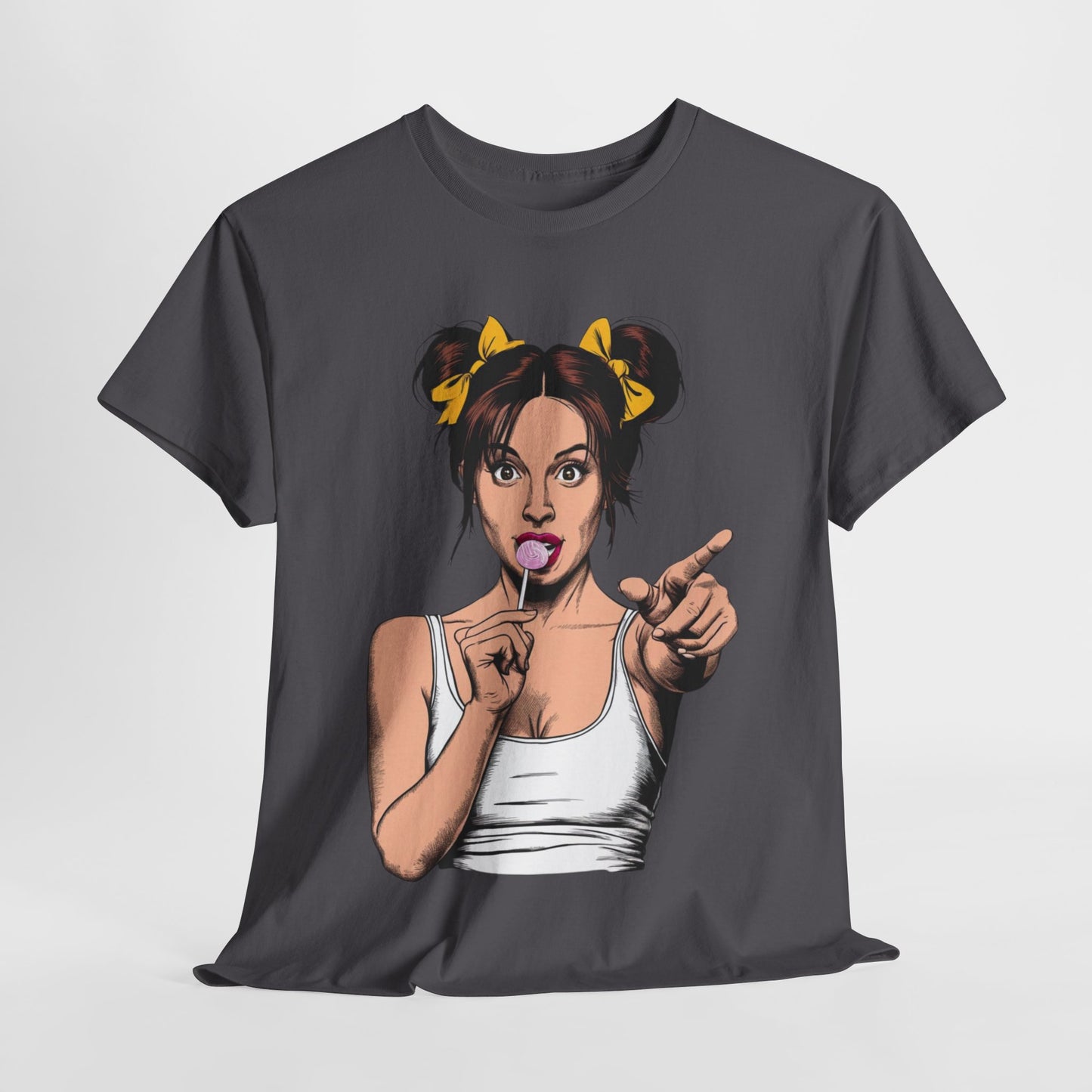 Sexy PopArt Girl with pigtails and Sucker Unisex heavy cotton Tshirt