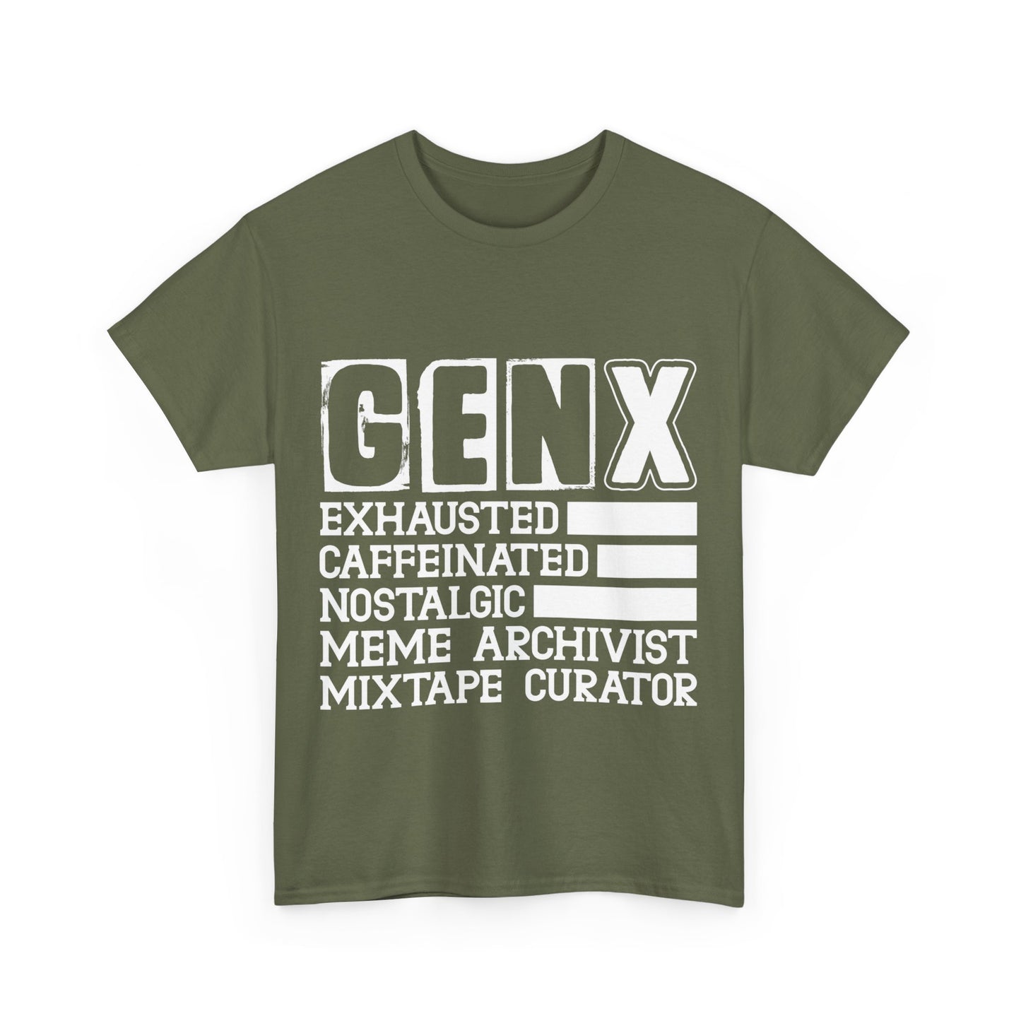 Funny Gen X Exhausted, Caffeinated, Nostalgic, Meme Archivist, Mixtape Curator  T-shirt Unisex Heavy Cotton