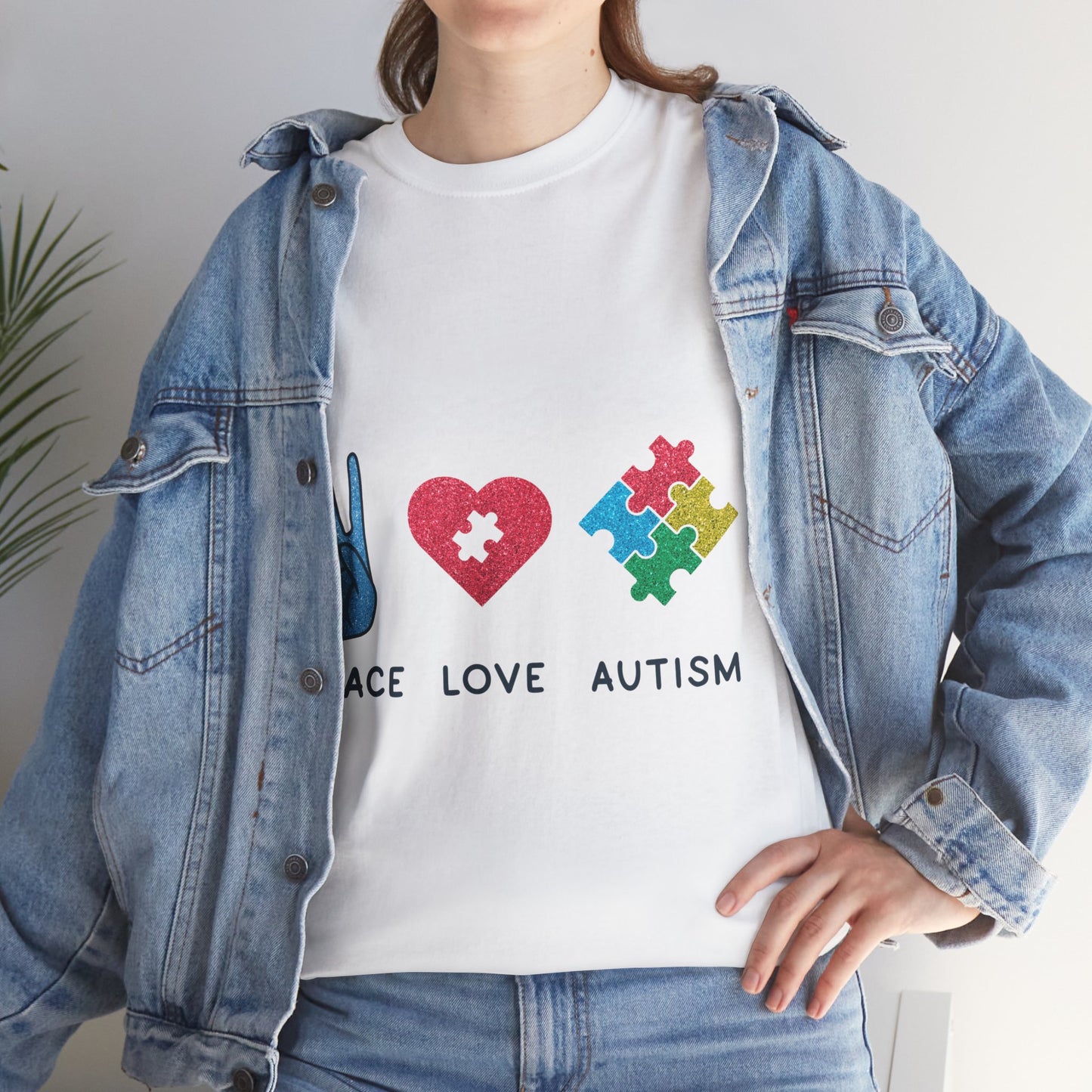 Autism Peace Love Autism T-shirt Unisex Heavy Cotton