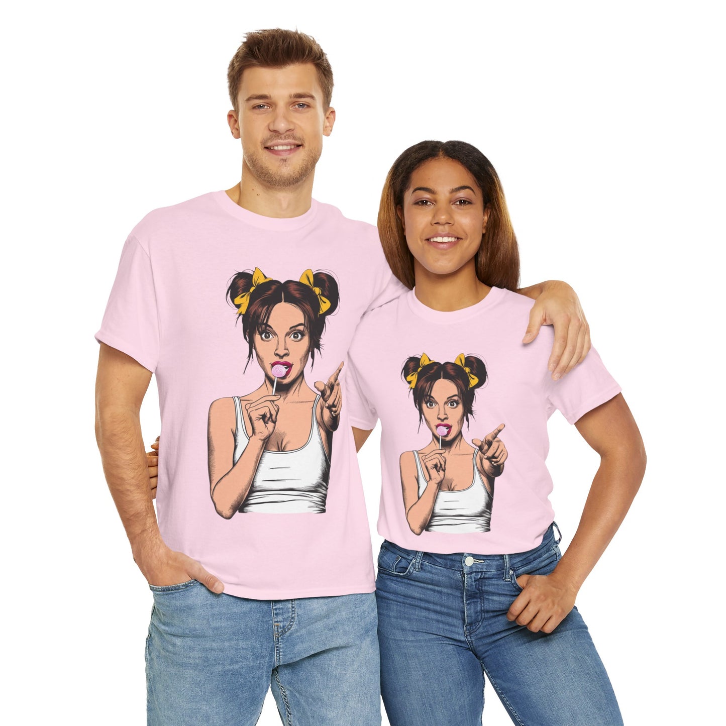 Sexy PopArt Girl with pigtails and Sucker Unisex heavy cotton Tshirt