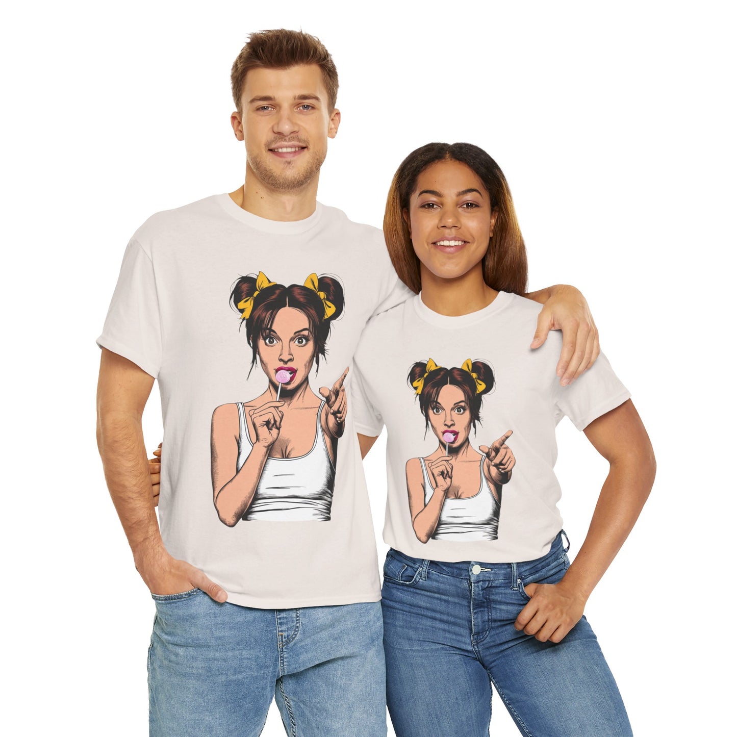 Sexy PopArt Girl with pigtails and Sucker Unisex heavy cotton Tshirt