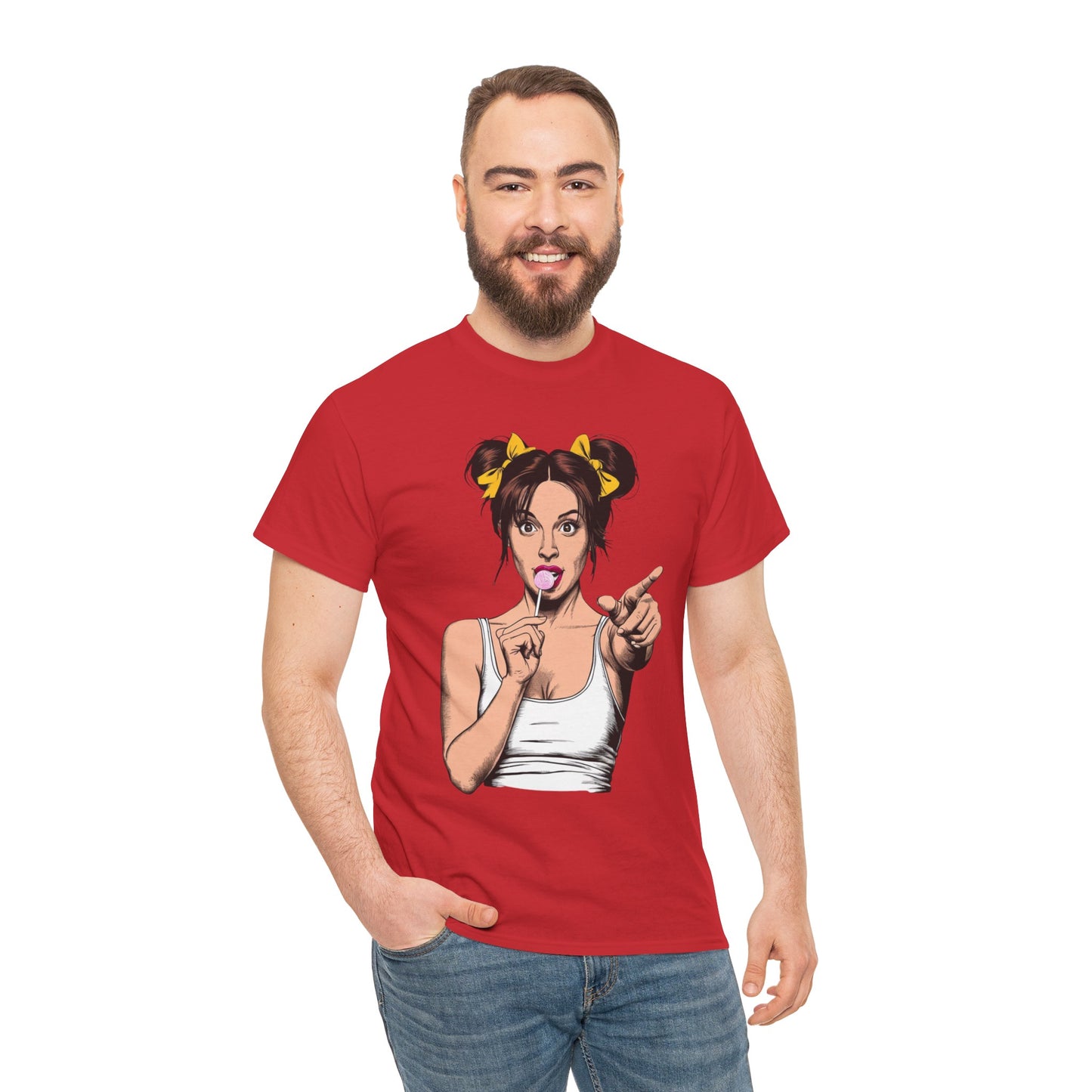 Sexy PopArt Girl with pigtails and Sucker Unisex heavy cotton Tshirt