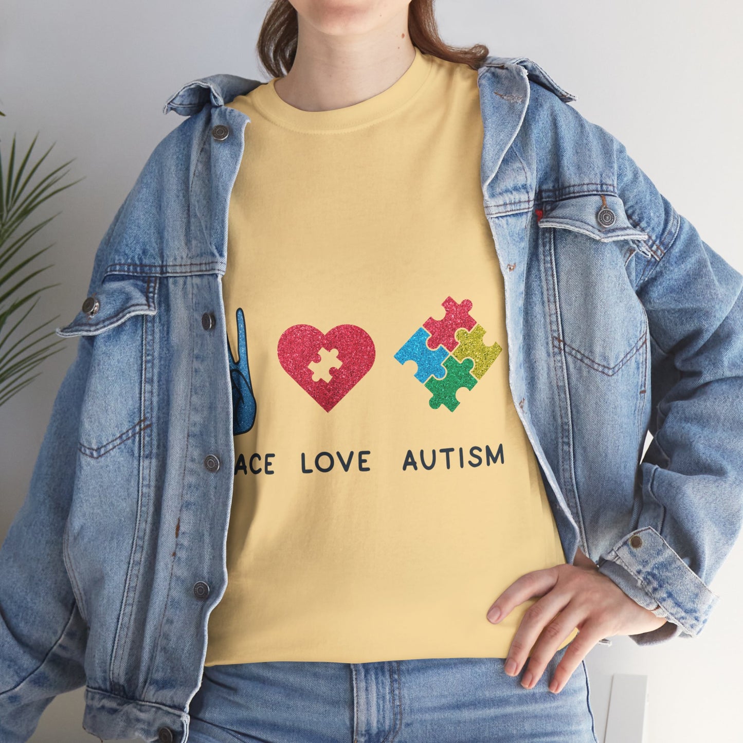 Autism Peace Love Autism T-shirt Unisex Heavy Cotton